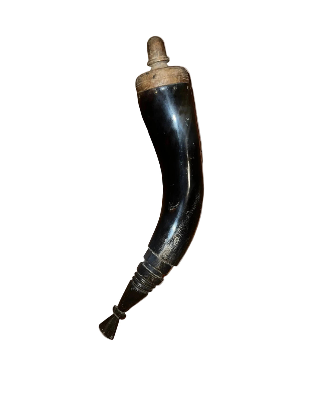 Antique Powder Horn | Natural Horn with Brass Tacks & Metal Spout | Black Powder Muzzleloader