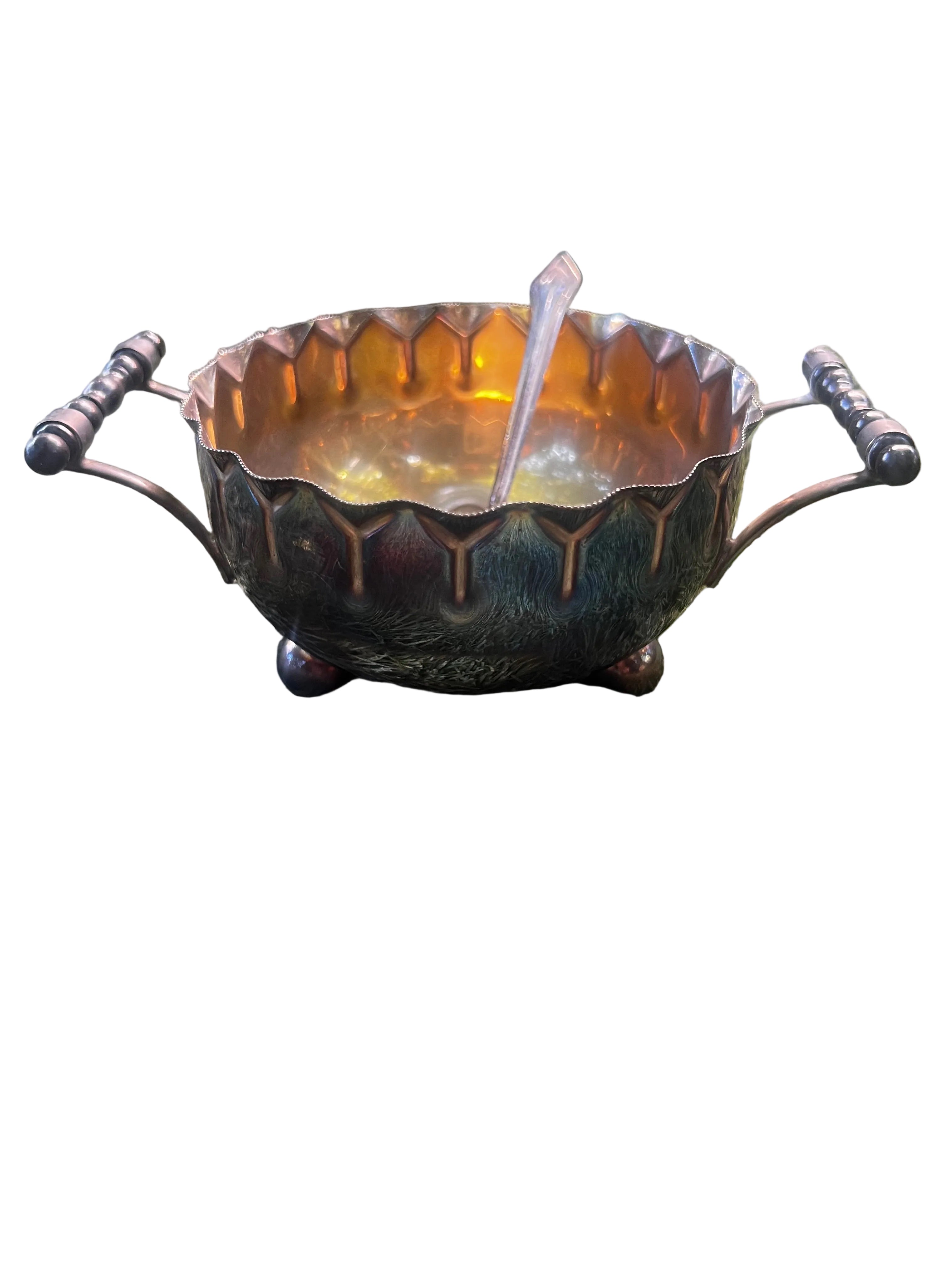 Vintage Imperial EPNS A1 Phoenix Product Two-Handled Honeycomb Sugar Bowl — Amber Glass Liner & Spoon Included — Australian c.1930s–1940s