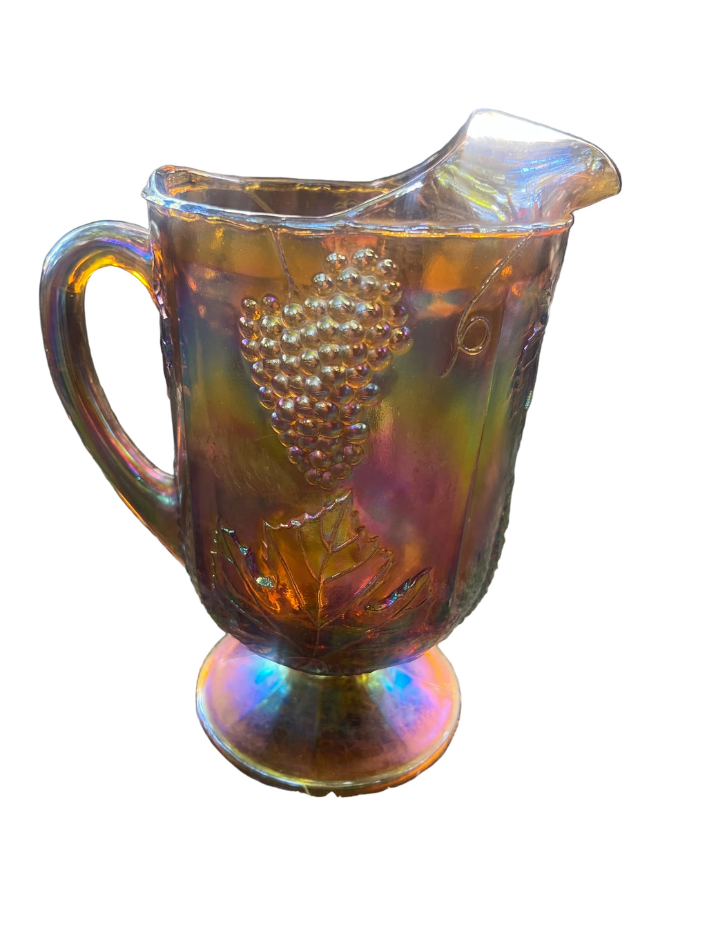 Vintage Marigold Carnival Glass Pitcher — Grape & Leaf Pattern