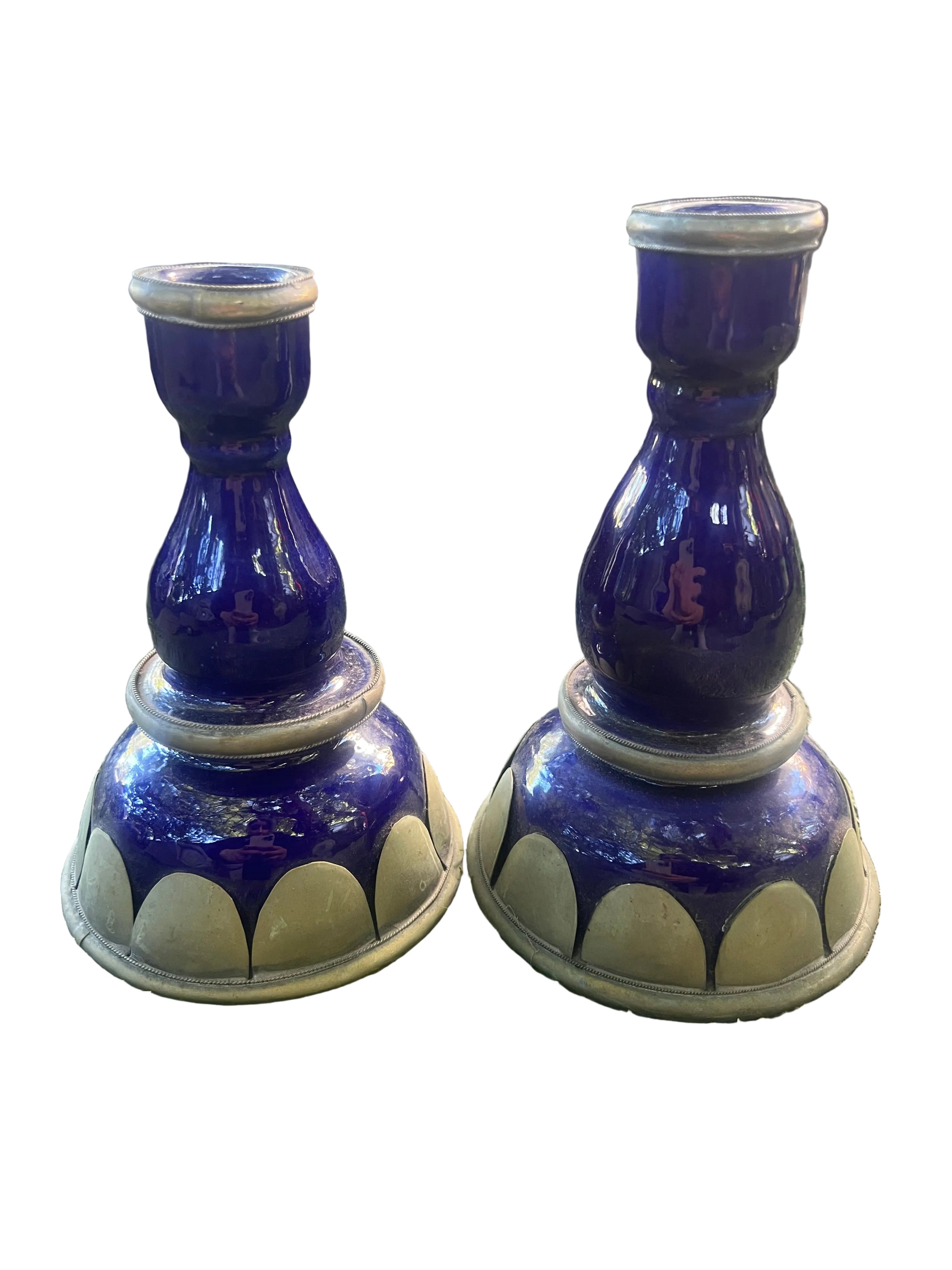 Vintage Moroccan Cobalt Blue Glass & White Metal Candlestick Holders — Matched Pair