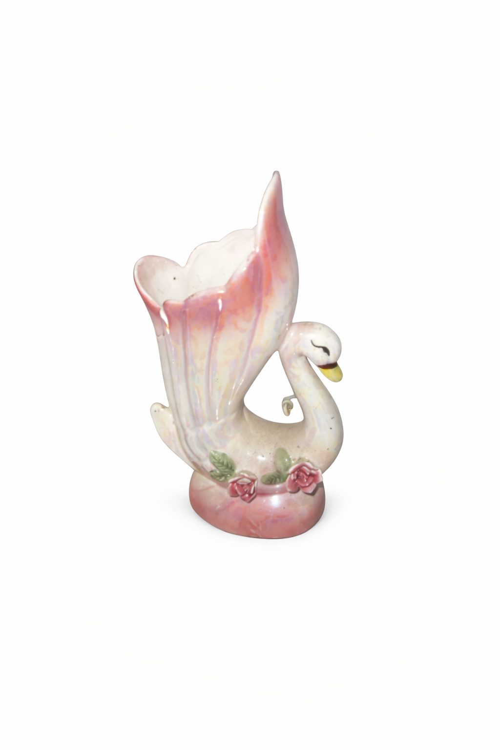 Vintage Lustre Ceramic Swan Vase | Pink Iridescent Glaze | Applied Roses | Posy Vase