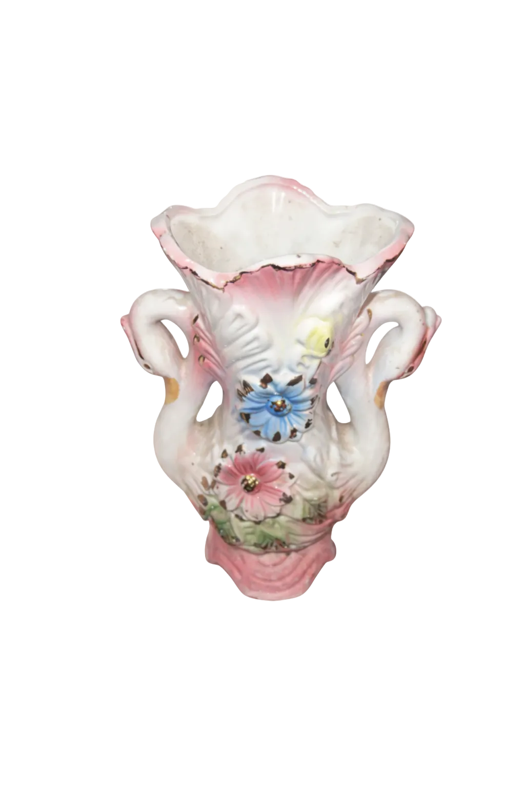 Victorian Porcelain Swan-Handled Vase | Pink & White | Floral Relief | Gold Trim | Antique