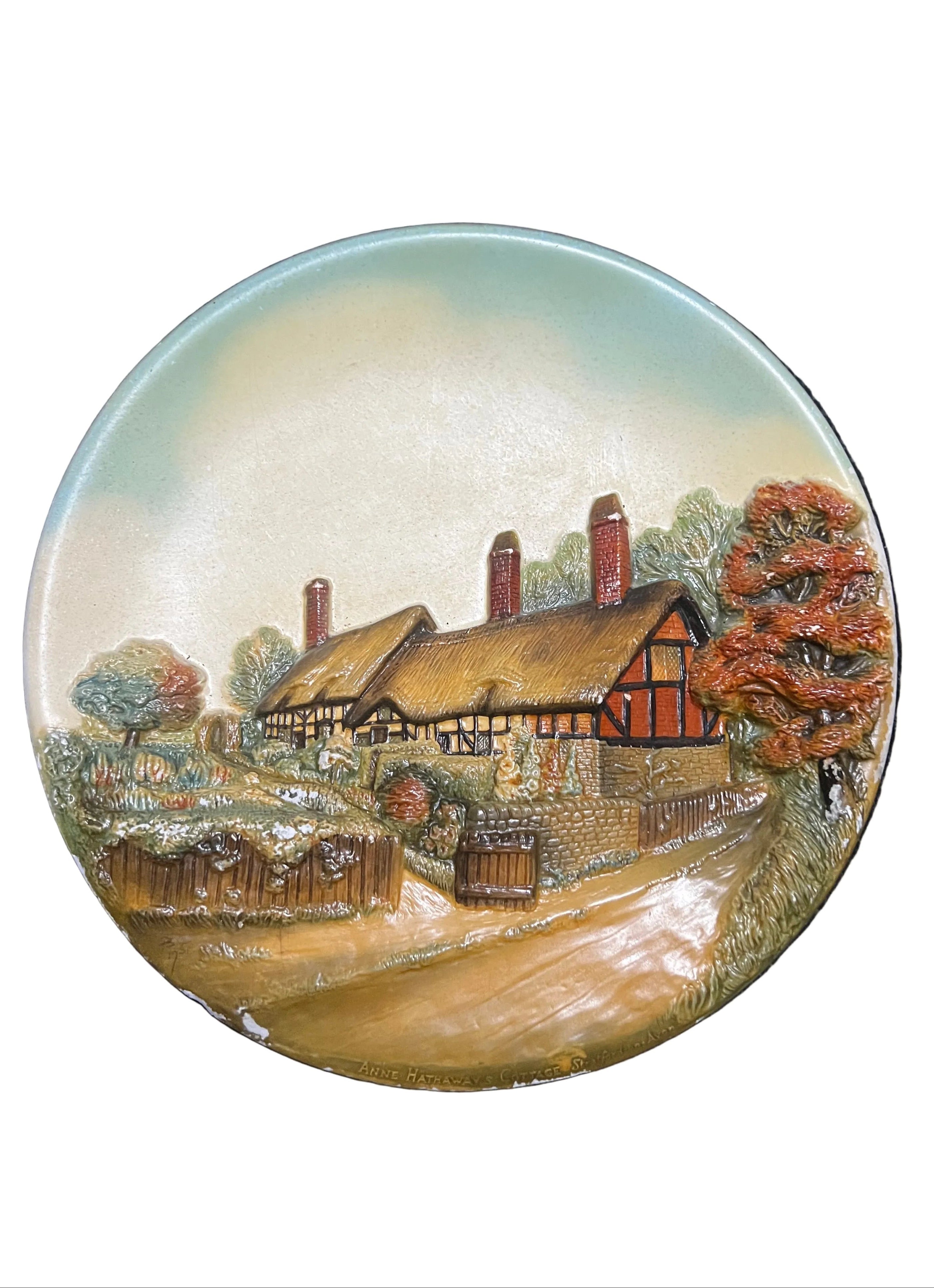 Vintage W.H. Bossons “Anne Hathaway’s Cottage” Hand-Painted Plaster Wall Plaque | Made in England
