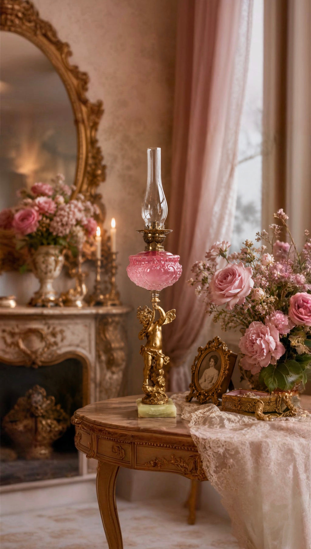 Antique Victorian Cranberry Glass & Gilt Bronze Cherub Banquet Oil Lamp