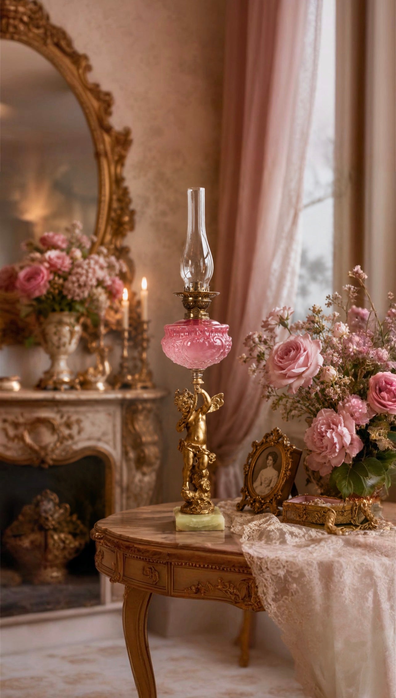 Antique Victorian Cranberry Glass & Gilt Bronze Cherub Banquet Oil Lamp