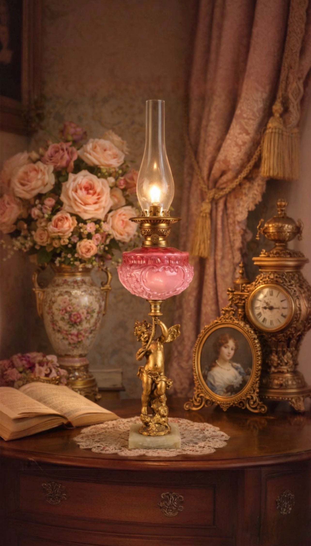 Antique Victorian Cranberry Glass & Gilt Bronze Cherub Banquet Oil Lamp