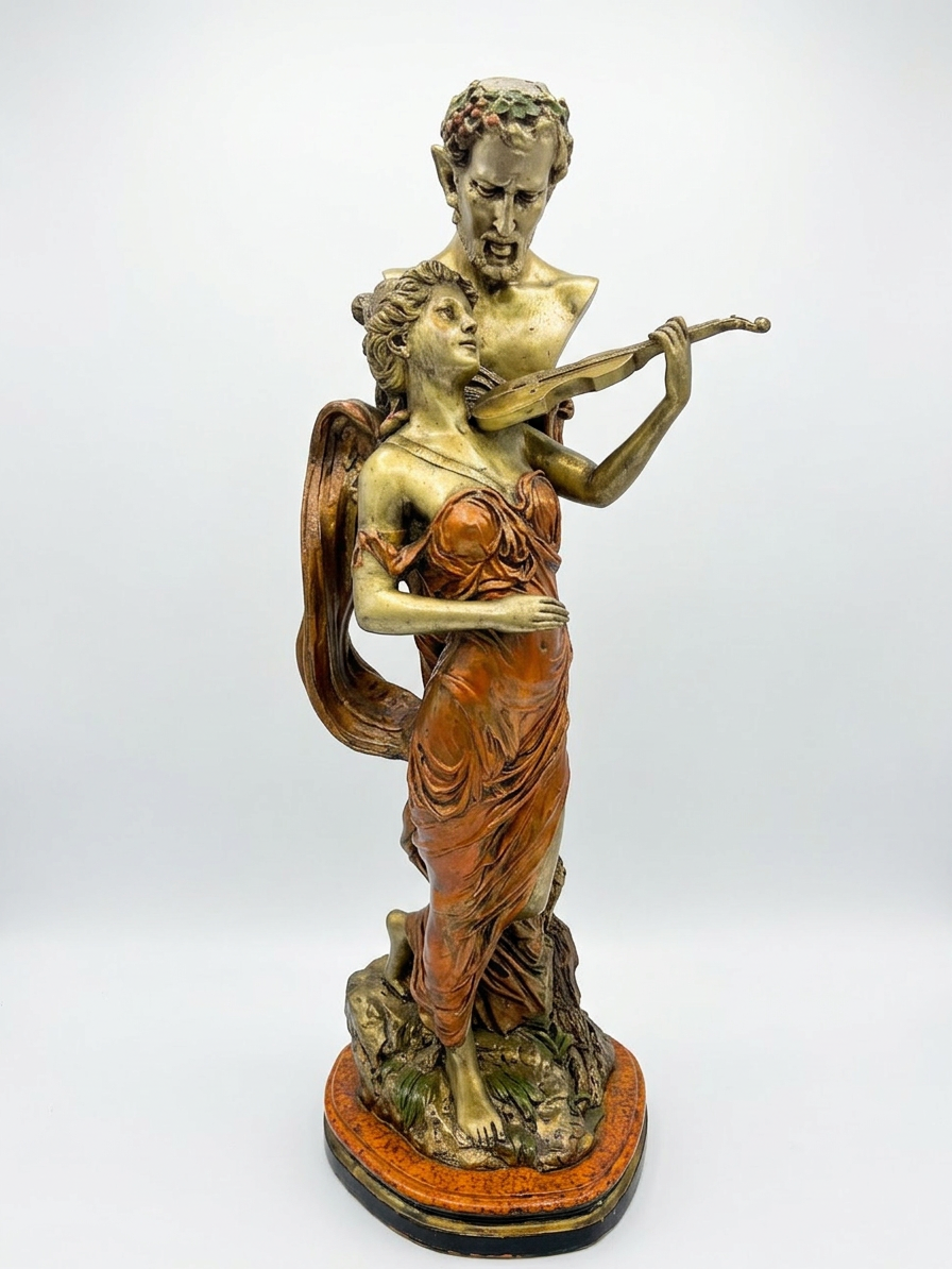 „Teufelstriller“ – Monumentale 69 cm große allegorische Satyr- und Geiger-Statue mit Bronze-Finish