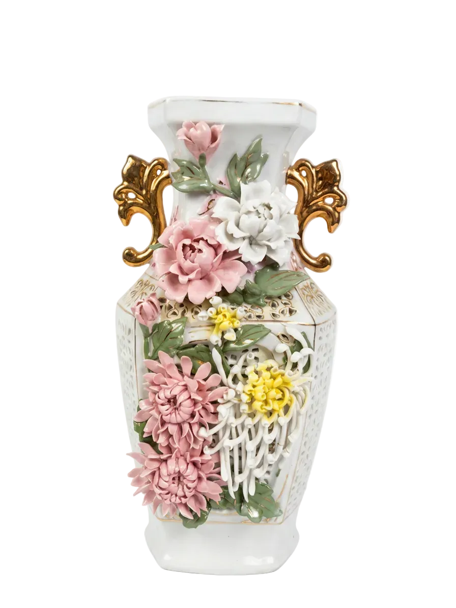 Grand Italian-Style Porcelain Floral Vase – Hand-Applied Chrysanthemum & Peony Relief