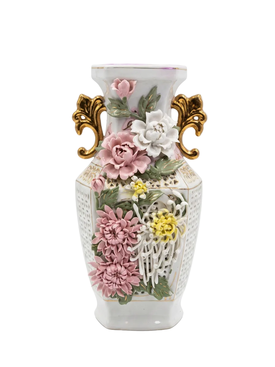 Grand Italian-Style Porcelain Floral Vase – Hand-Applied Chrysanthemum & Peony Relief