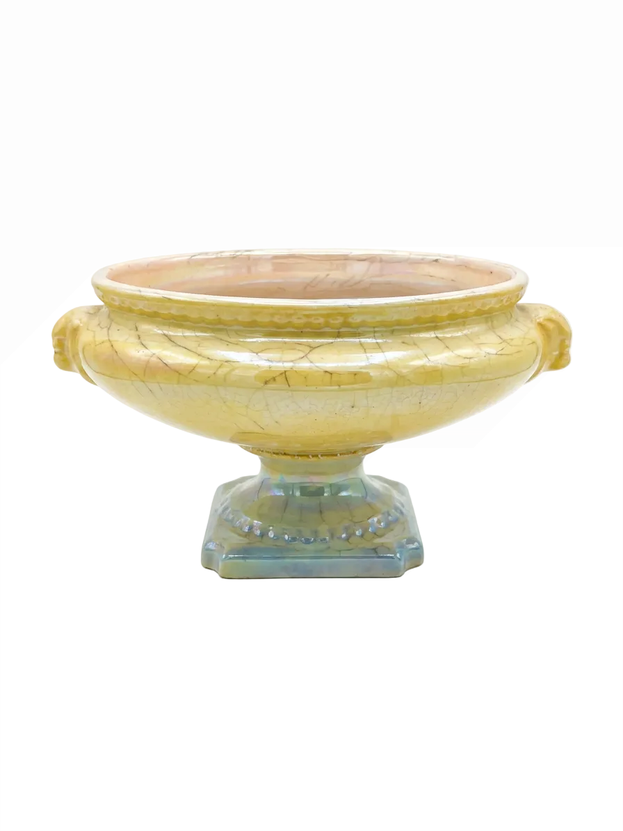 Vintage Neoclassical Glazed Pottery Pedestal Bowl – Amarillo Yellow Centerpiece Tazza