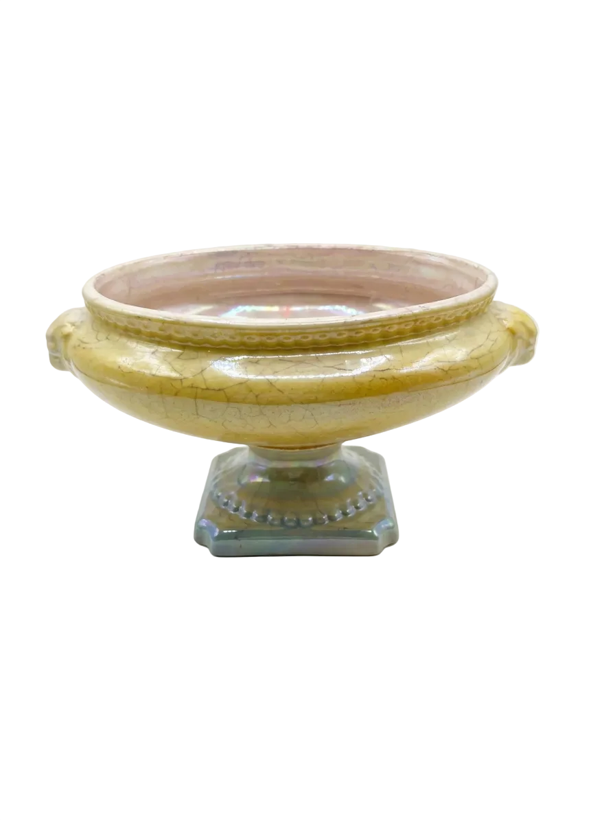 Vintage Neoclassical Glazed Pottery Pedestal Bowl – Amarillo Yellow Centerpiece Tazza
