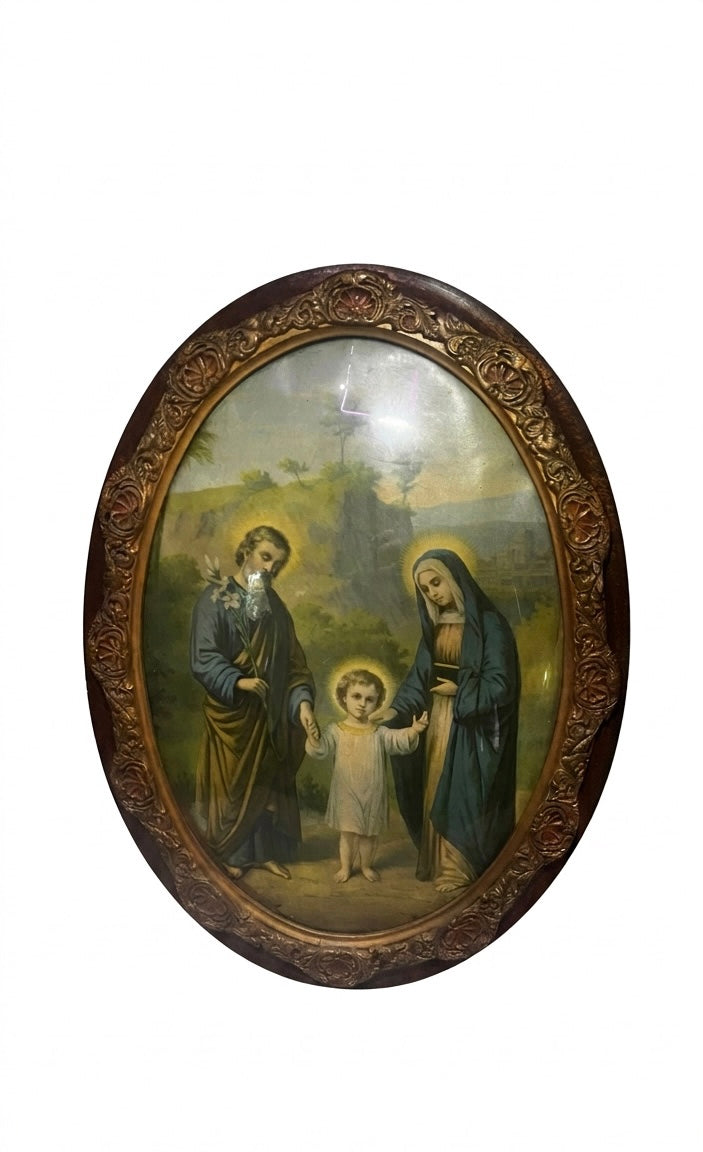 Antique Holy Family Chromolithograph in Ornate Oval Bubble Glass Frame