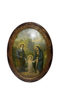 Antike Heilige Familie Chromolithographie in ornamentalem ovalem Wölbglasrahmen