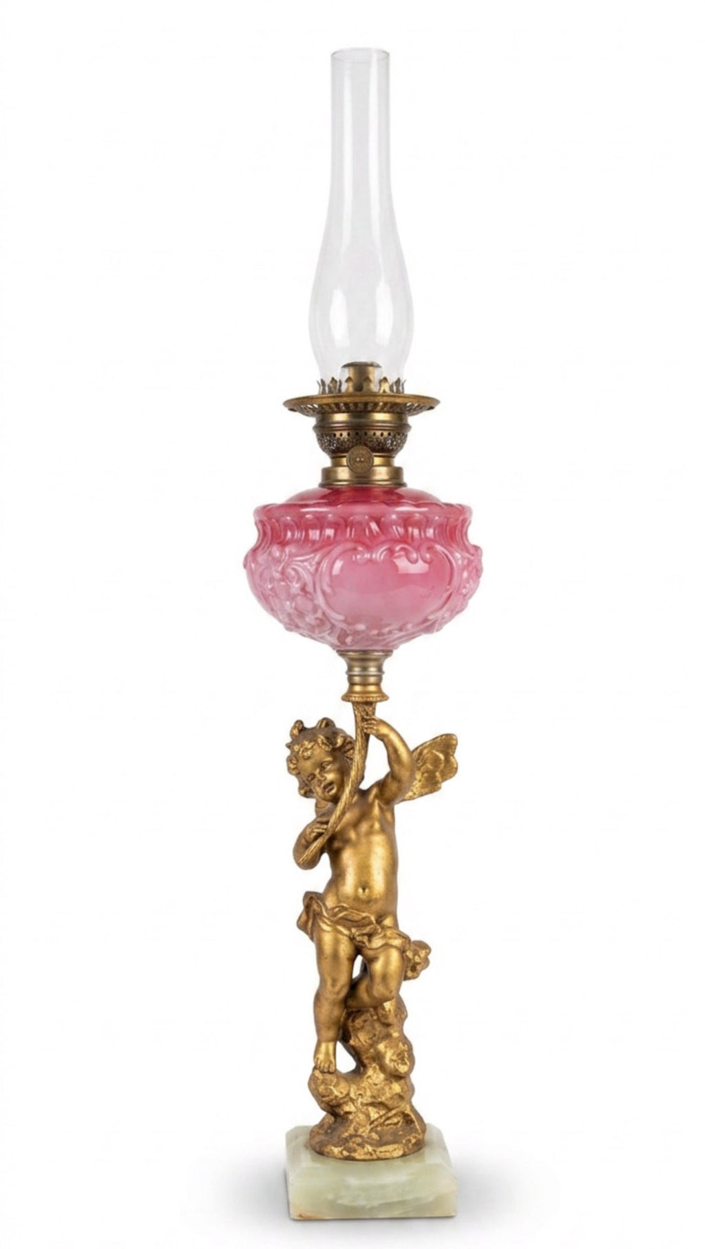 Antique Victorian Cranberry Glass & Gilt Bronze Cherub Banquet Oil Lamp