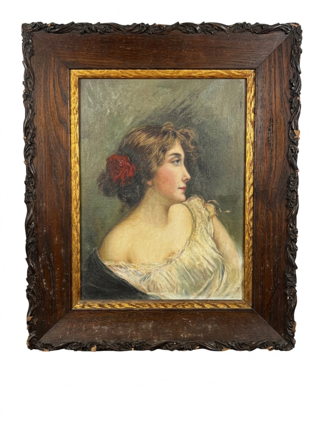 Antique Victorian Oil Portrait - Romantic Young Woman with Red Rose