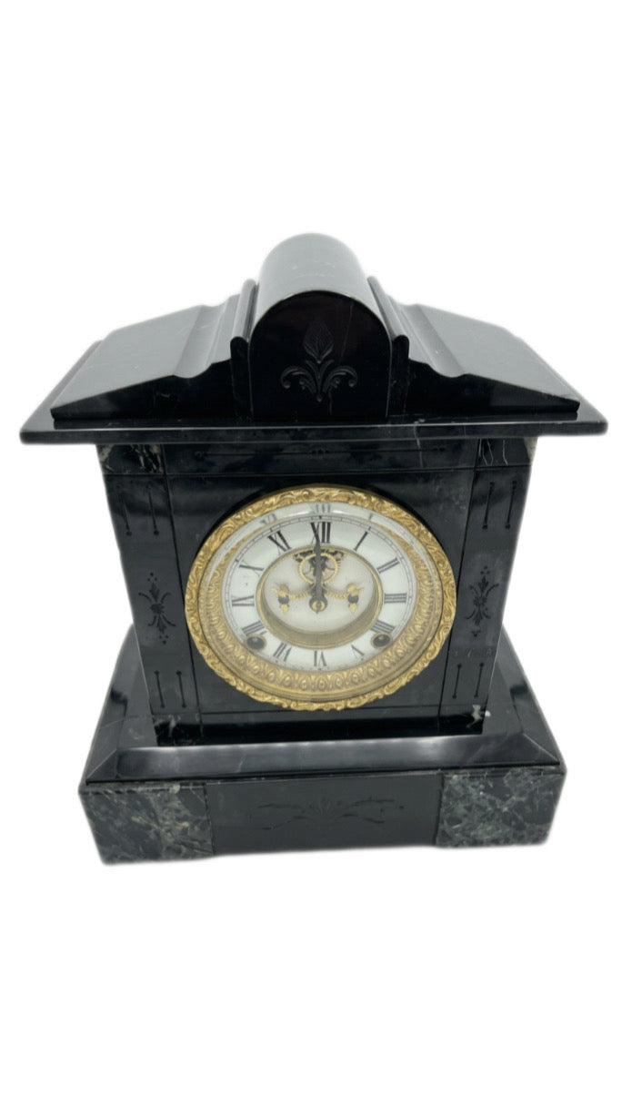 Antique Ansonia Black Slate & Verte Marble Mantel Clock (c. 1880)