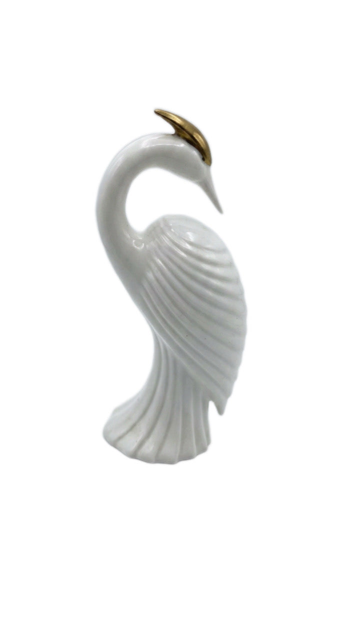 Mid-Century Modern weißer Keramikkranich – Art Déco-Stil mit goldenen Akzenten