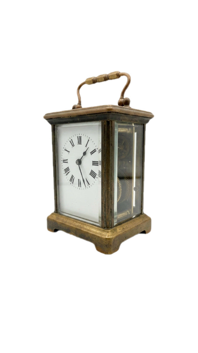 Antique 12cm French Brass Carriage Clock – Bevelled Glass