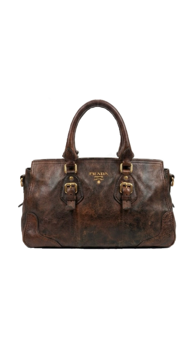 Authentic Prada Cervo Antik Distressed Leather Top Handle Bag