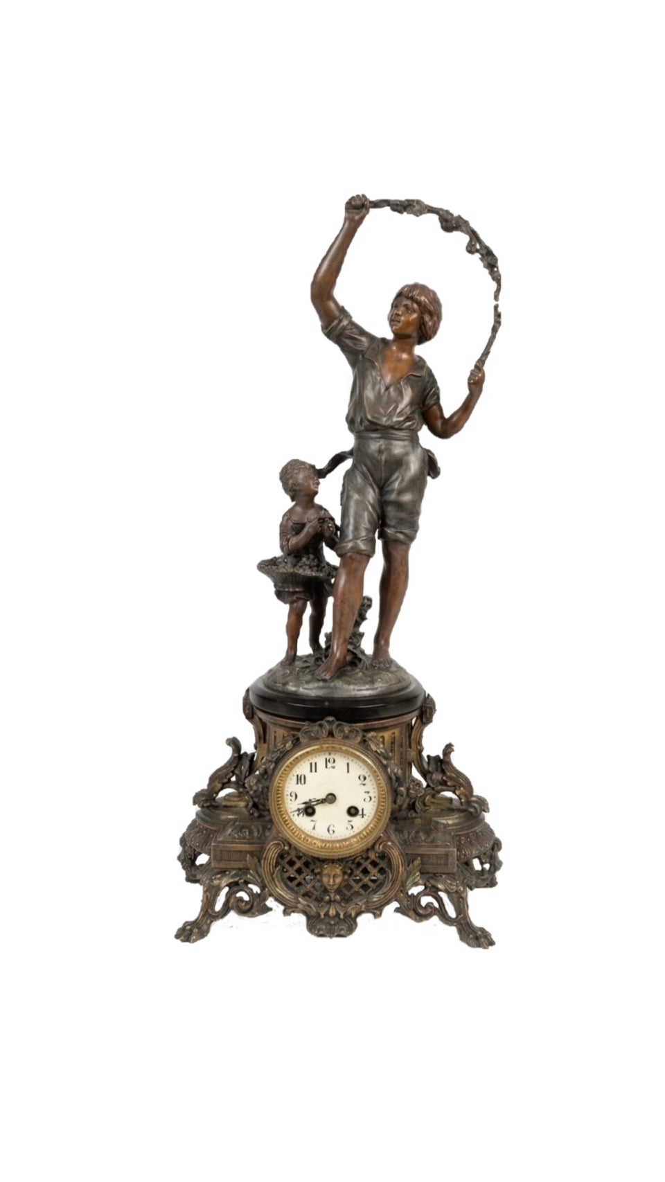 Rare French Belle Époque Figural Mantel Clock - Two Children with Flower Garland