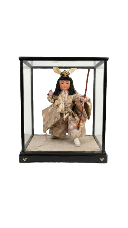 Vintage Japanese Musha Ningyo - Traditional Samurai Warrior Doll in Glass Case