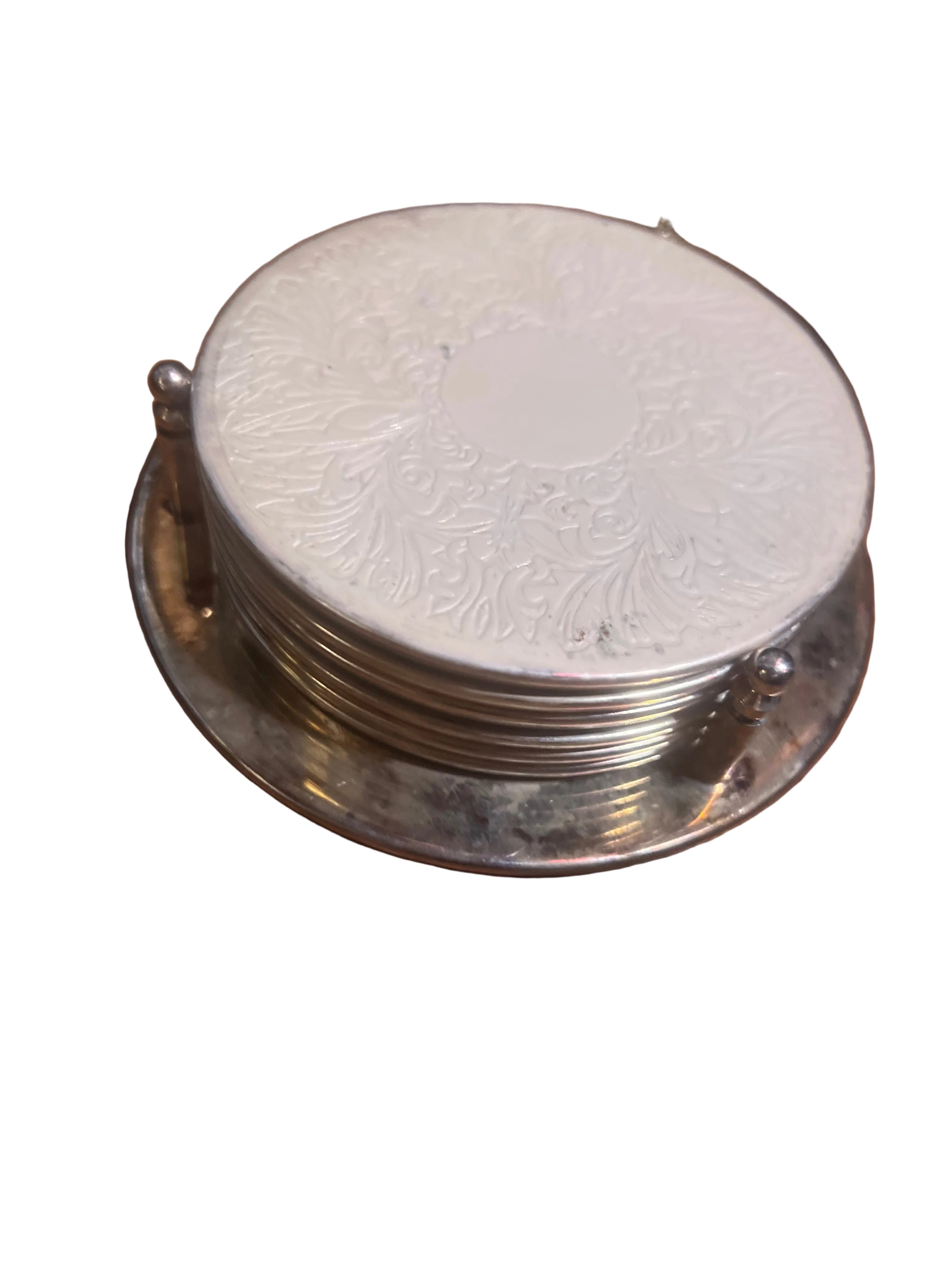 Vintage Silver-Plated 7-Piece Coaster Set | Deeply Engraved | Original Box | Barware