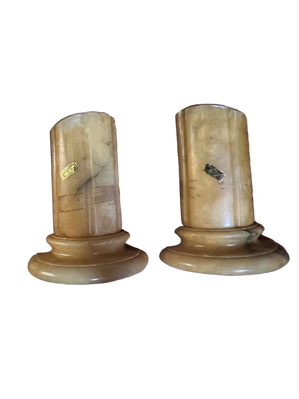Vintage Italian Hand-Carved Yellow Alabaster Column Bookends - Neoclassical Grand Tour Style