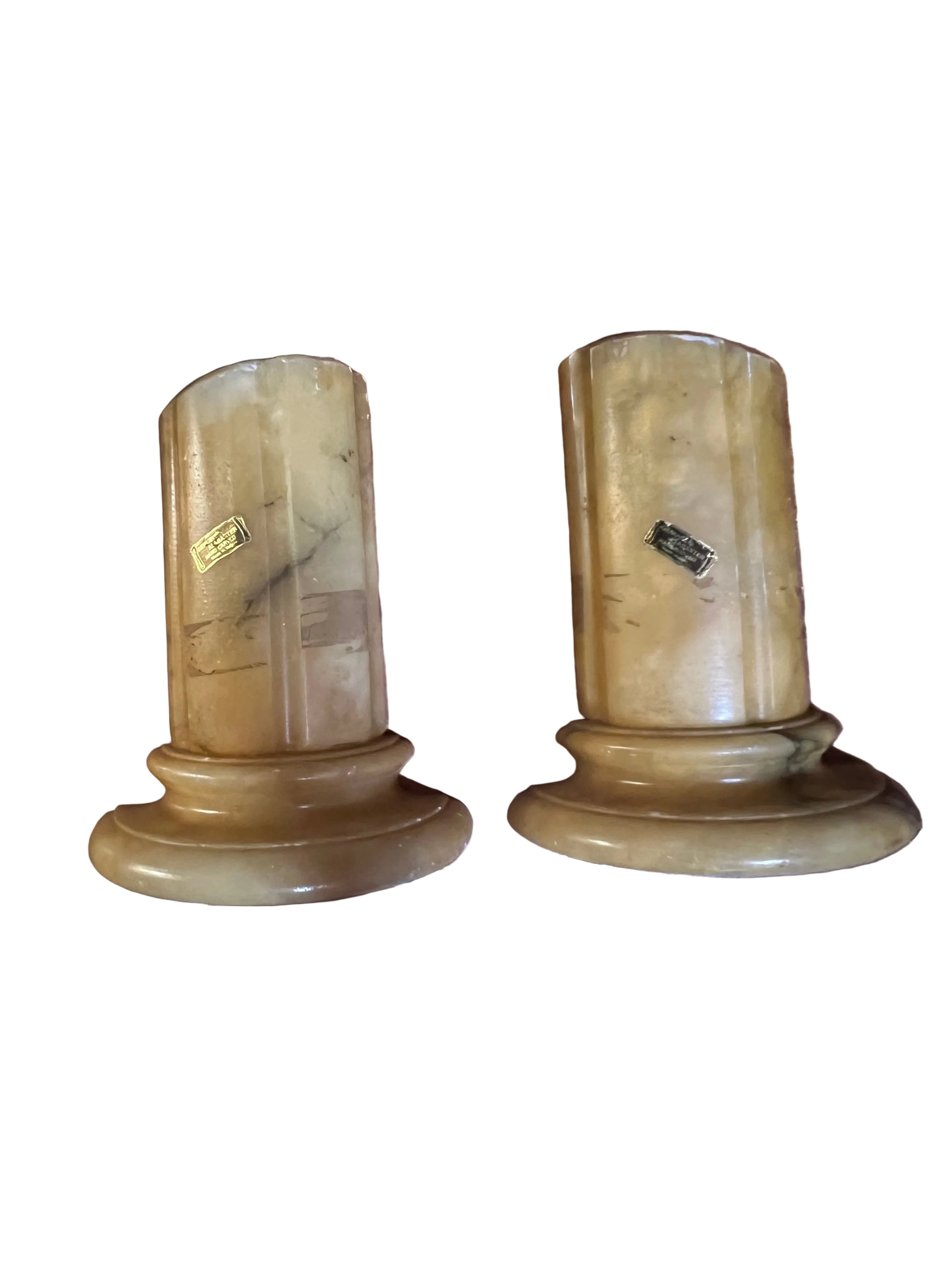 Vintage Italian Hand-Carved Yellow Alabaster Column Bookends - Neoclassical Grand Tour Style