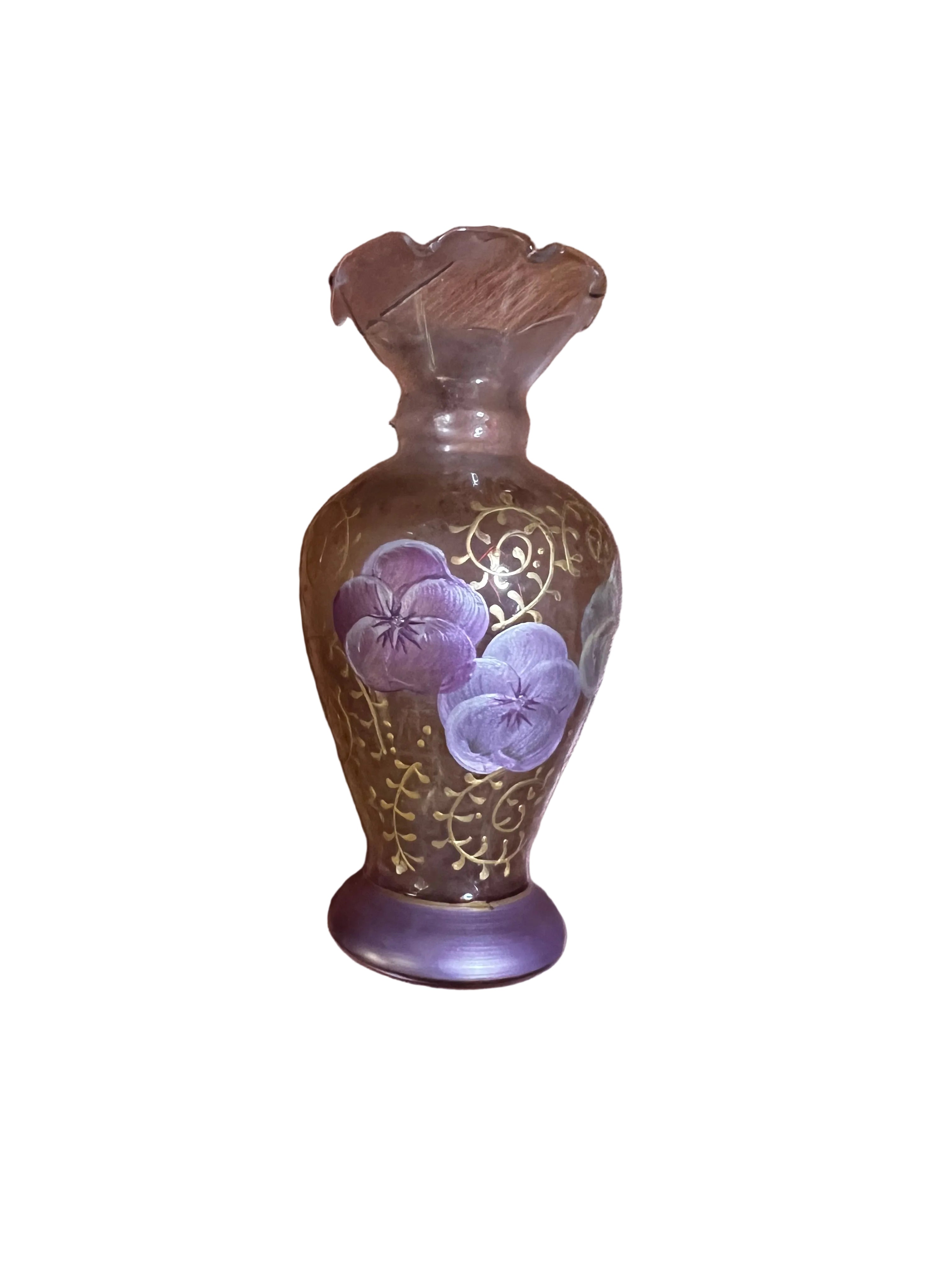 Vintage Tracy Porter Style Hand-Painted Amethyst Glass Bud Vase - Purple Pansies & Gold Scroll