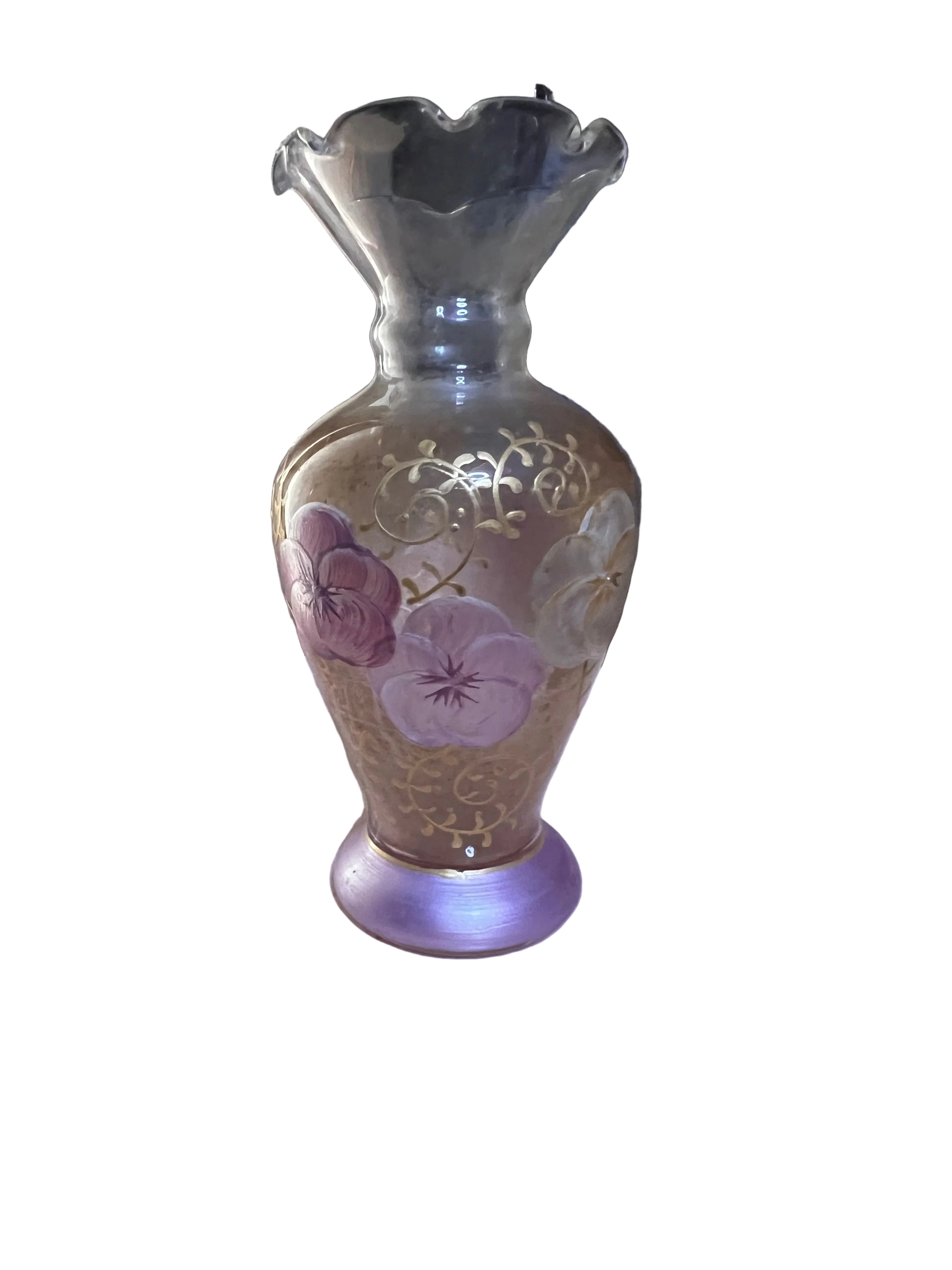 Vintage Tracy Porter Style Hand-Painted Amethyst Glass Bud Vase - Purple Pansies & Gold Scroll