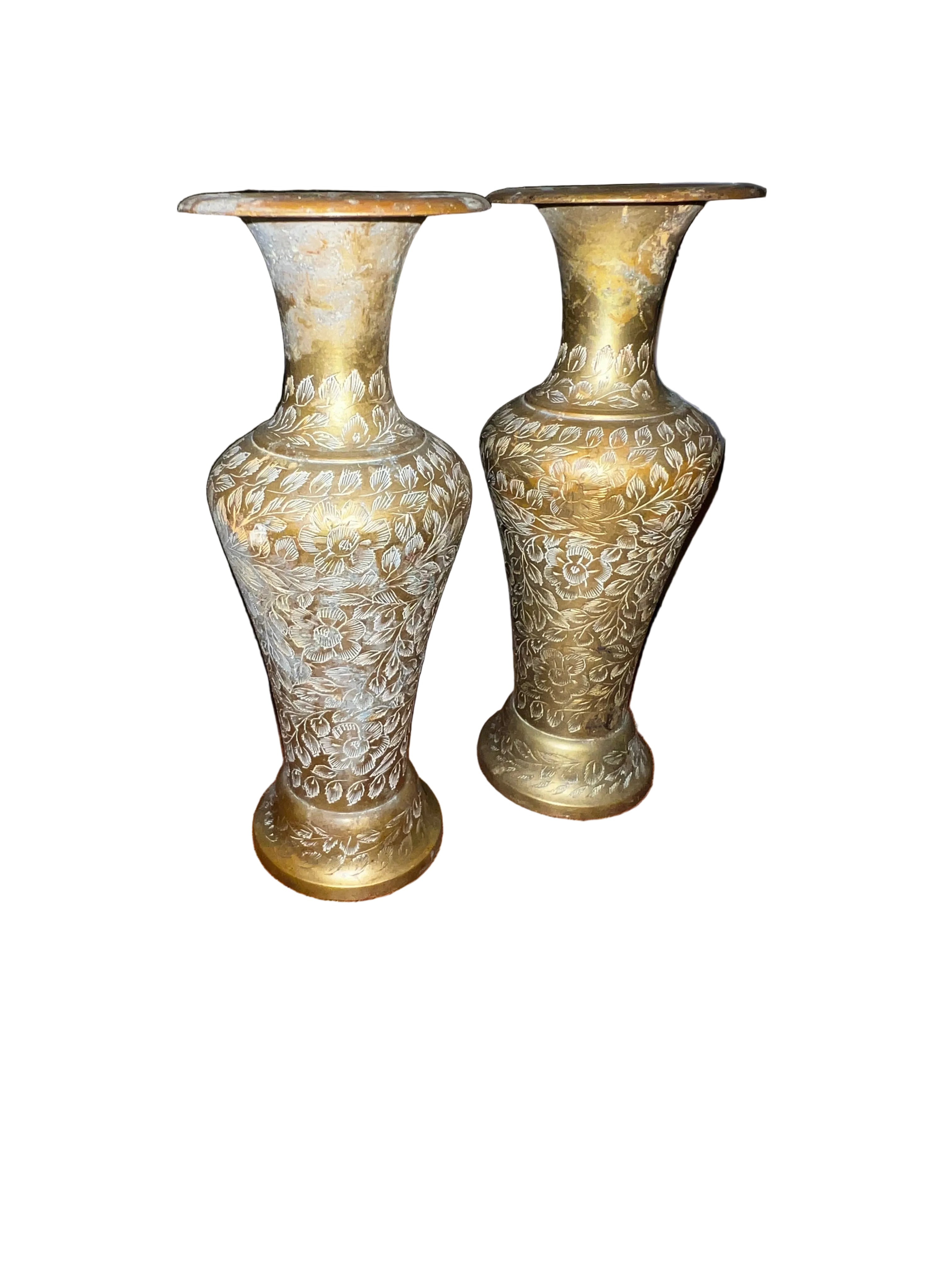 Pair of Vintage Hand-Etched Brass Vases - Indian Floral & Botanical Pattern