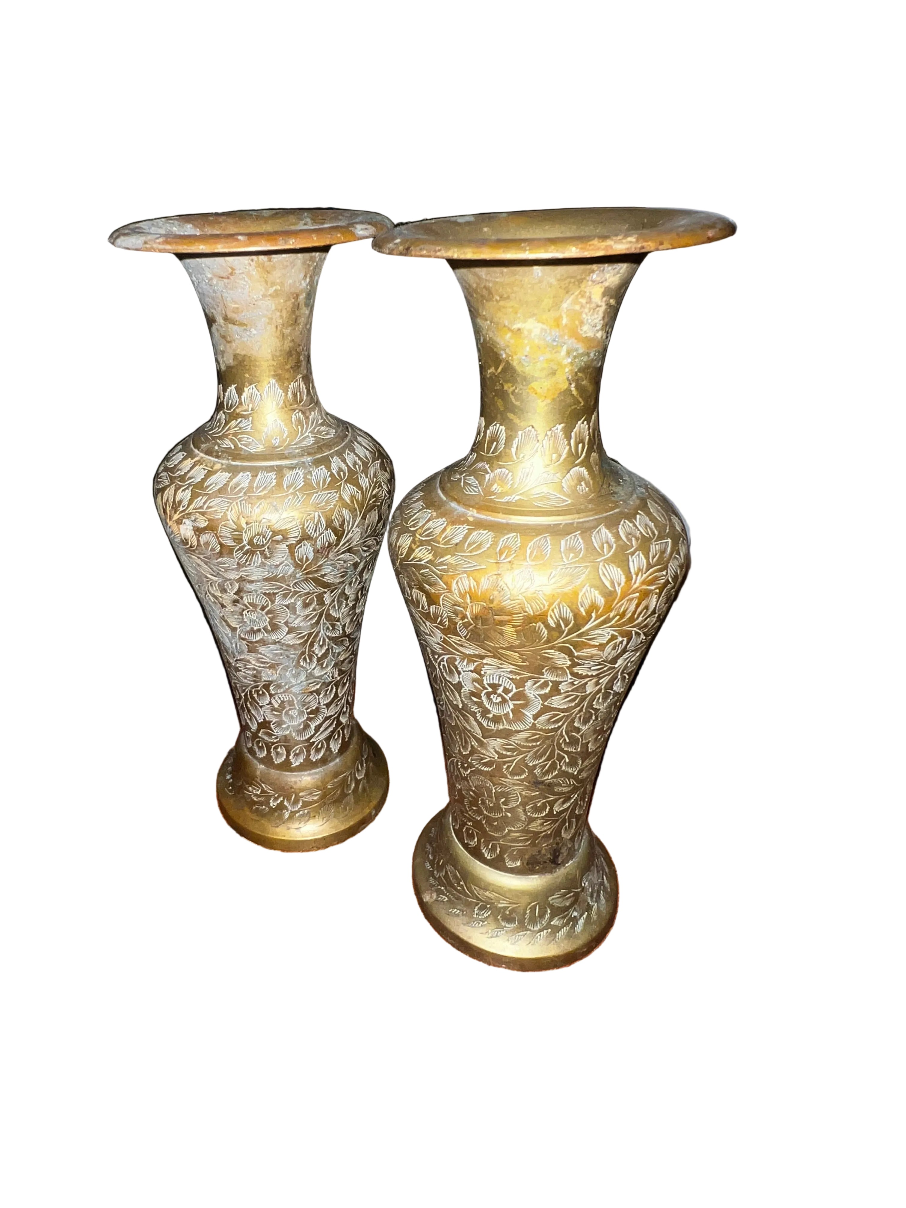 Pair of Vintage Hand-Etched Brass Vases - Indian Floral & Botanical Pattern