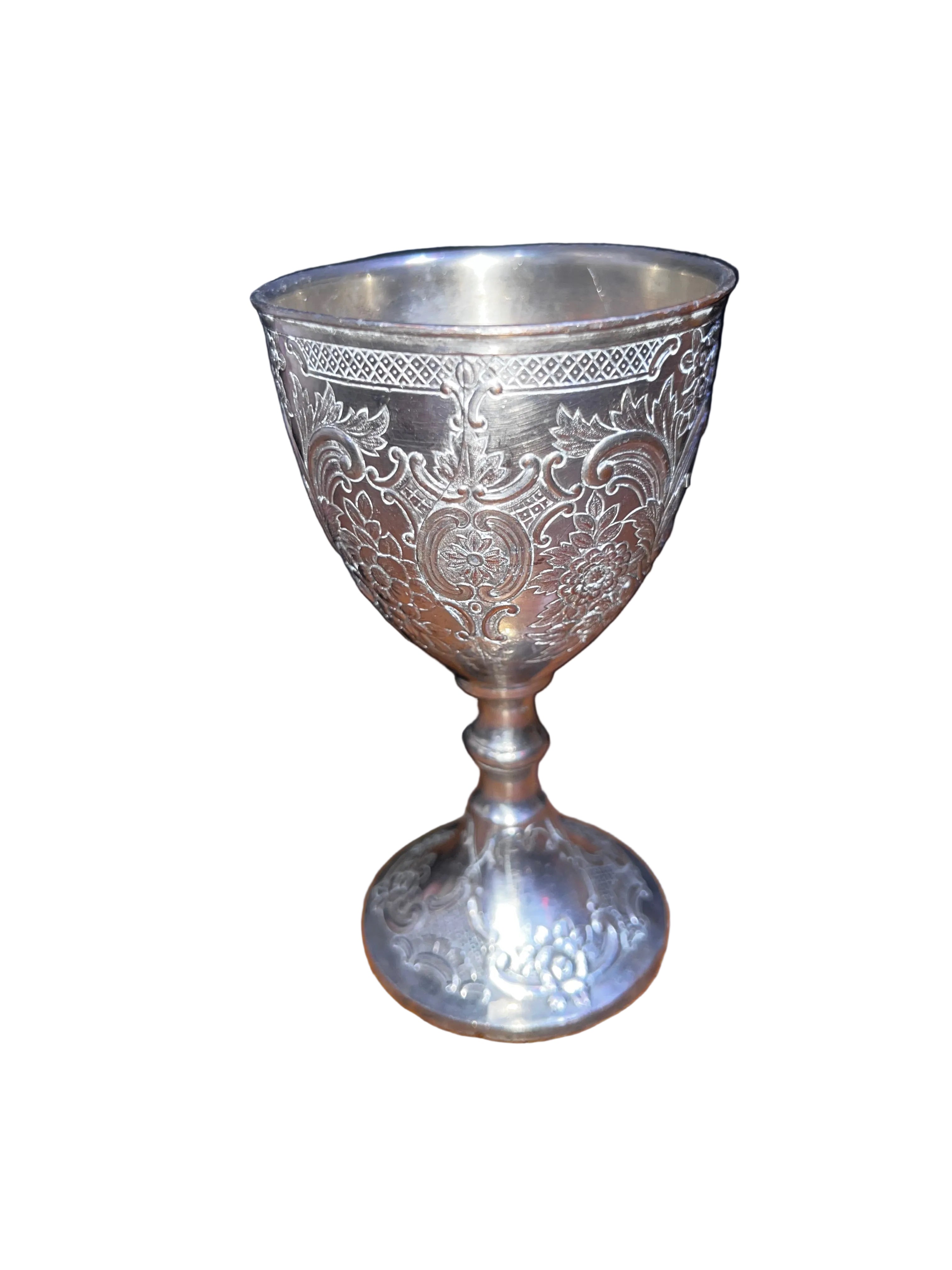 Vintage Corbell & Co. Ornate Silver Plated Wine Goblet - Floral Repoussé Pattern