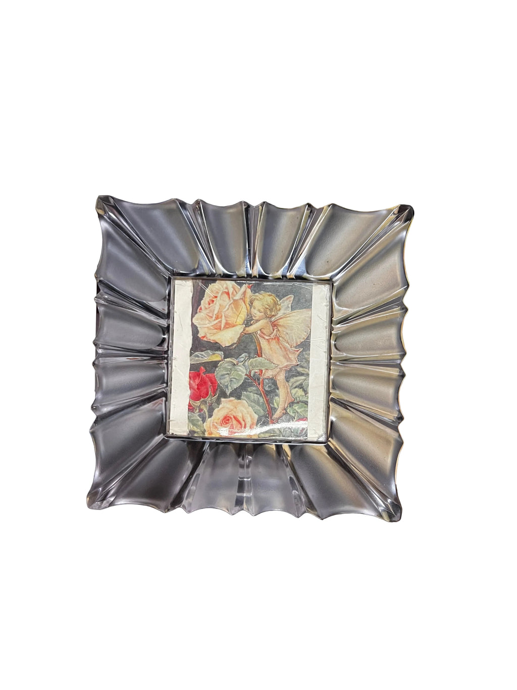 Vintage Mikasa Monarch Square Fluted Crystal Picture Frame with Rose Fairy Print