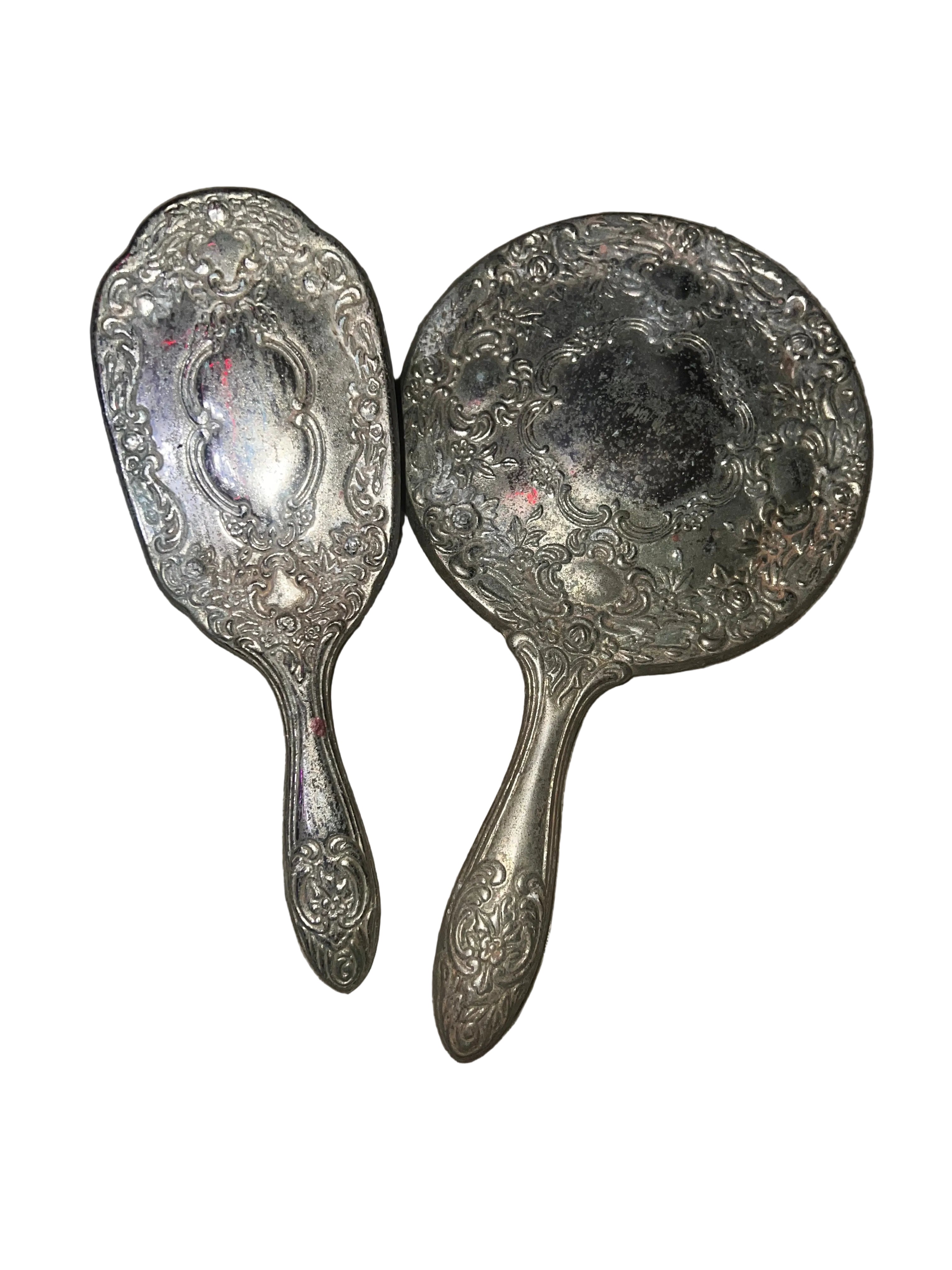 Vintage Ornate Silver-Plated 2-Piece Vanity Set - Mirror and Hairbrush with Floral Repoussé