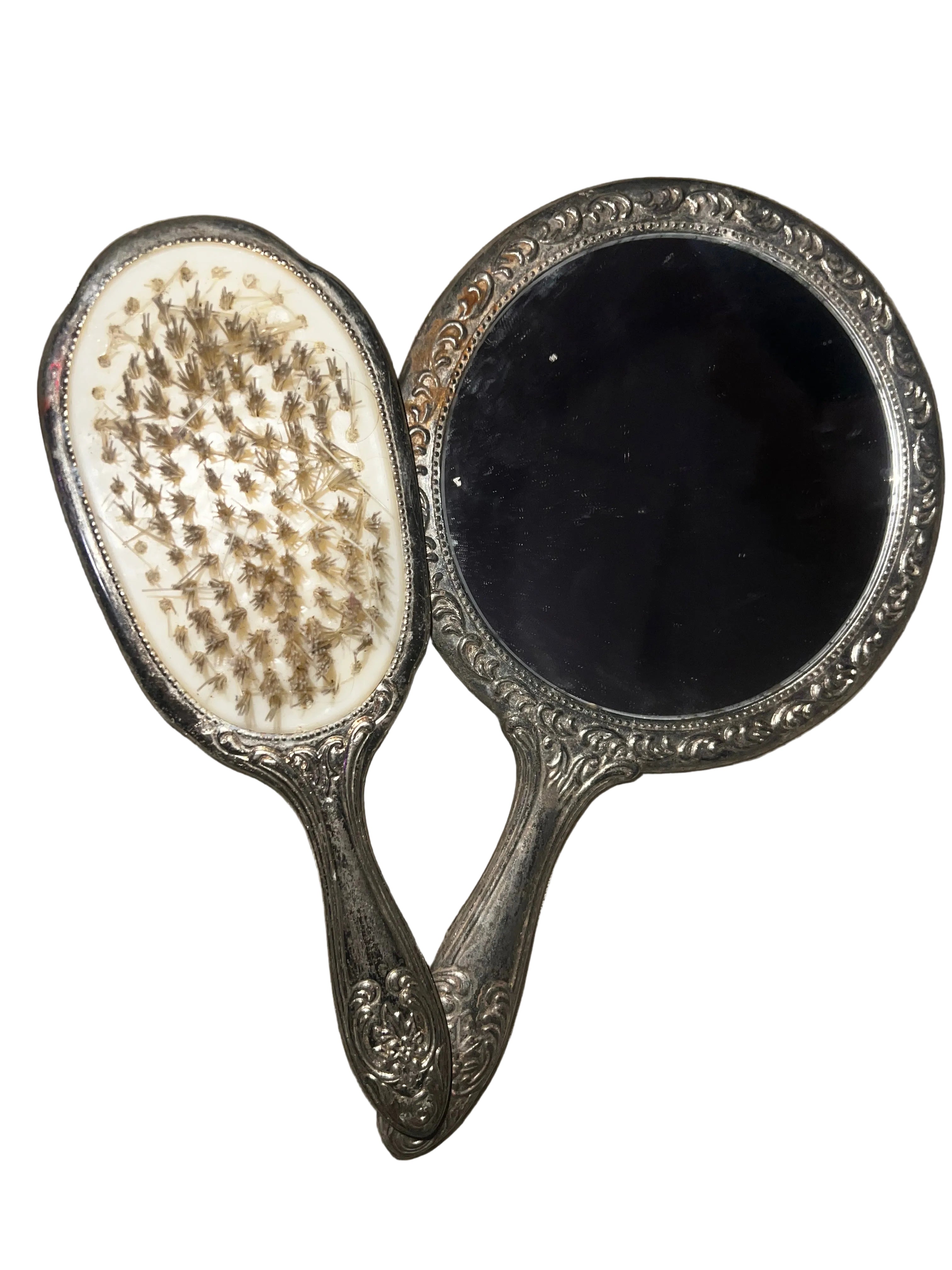 Vintage Ornate Silver-Plated 2-Piece Vanity Set - Mirror and Hairbrush with Floral Repoussé