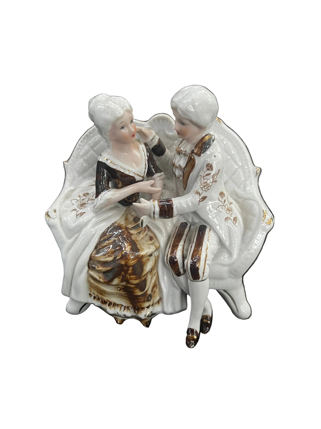 Vintage Rococo Courting Couple Porcelain Figurine | White, Brown & Gold | European Style