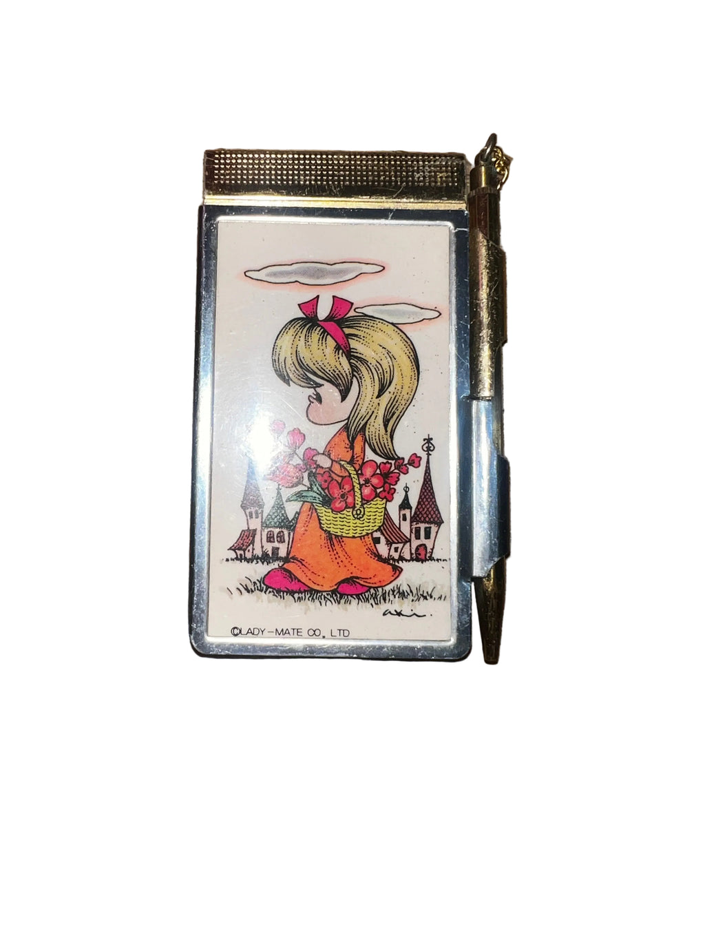 Vintage Lady-Mate Co. Memo Pad Case & Pencil Set | 1960s–70s Kawaii Big-Eye Girl | Gold Metal | Japan