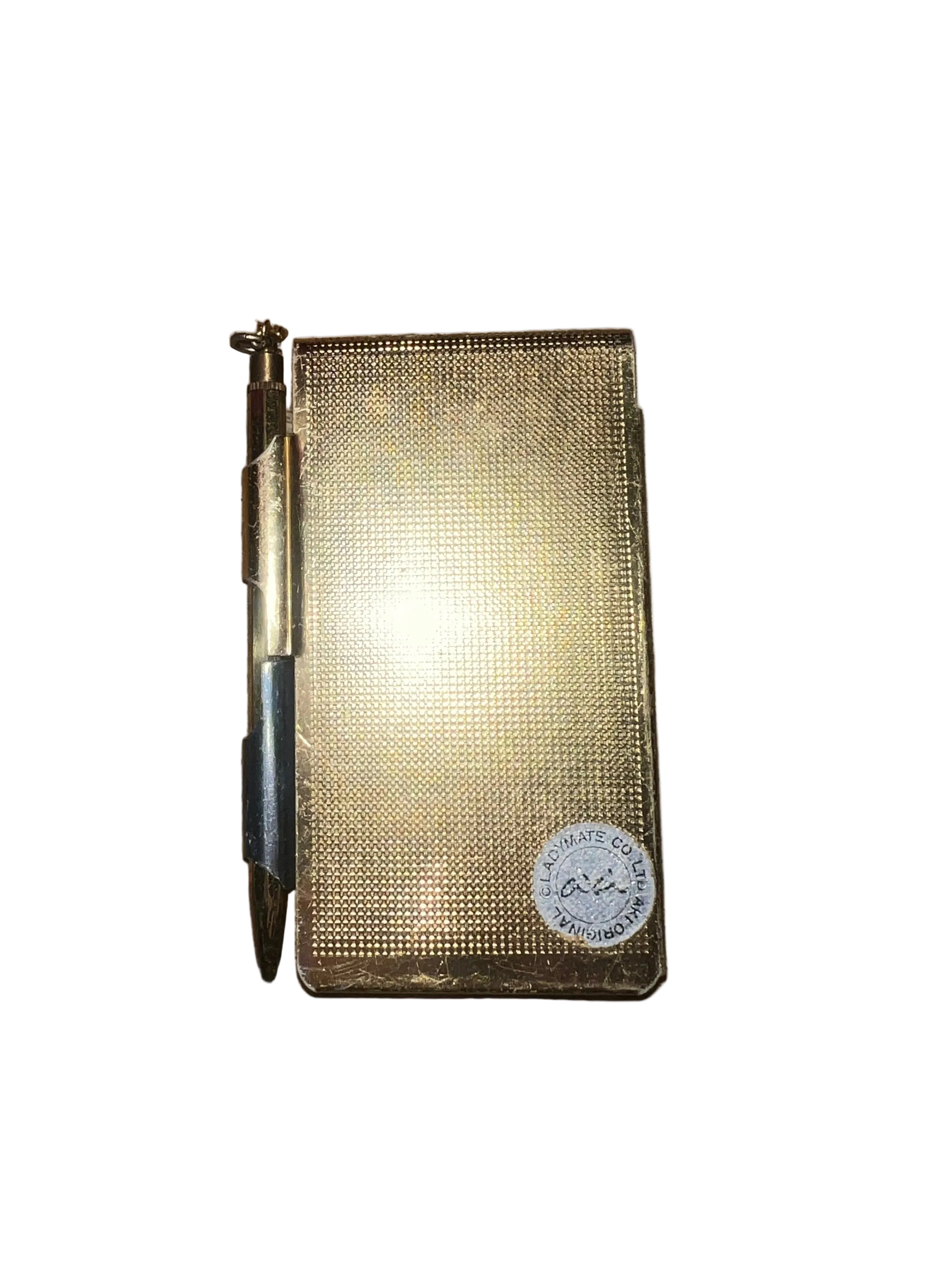Vintage Lady-Mate Co. Memo Pad Case & Pencil Set | 1960s–70s Kawaii Big-Eye Girl | Gold Metal | Japan