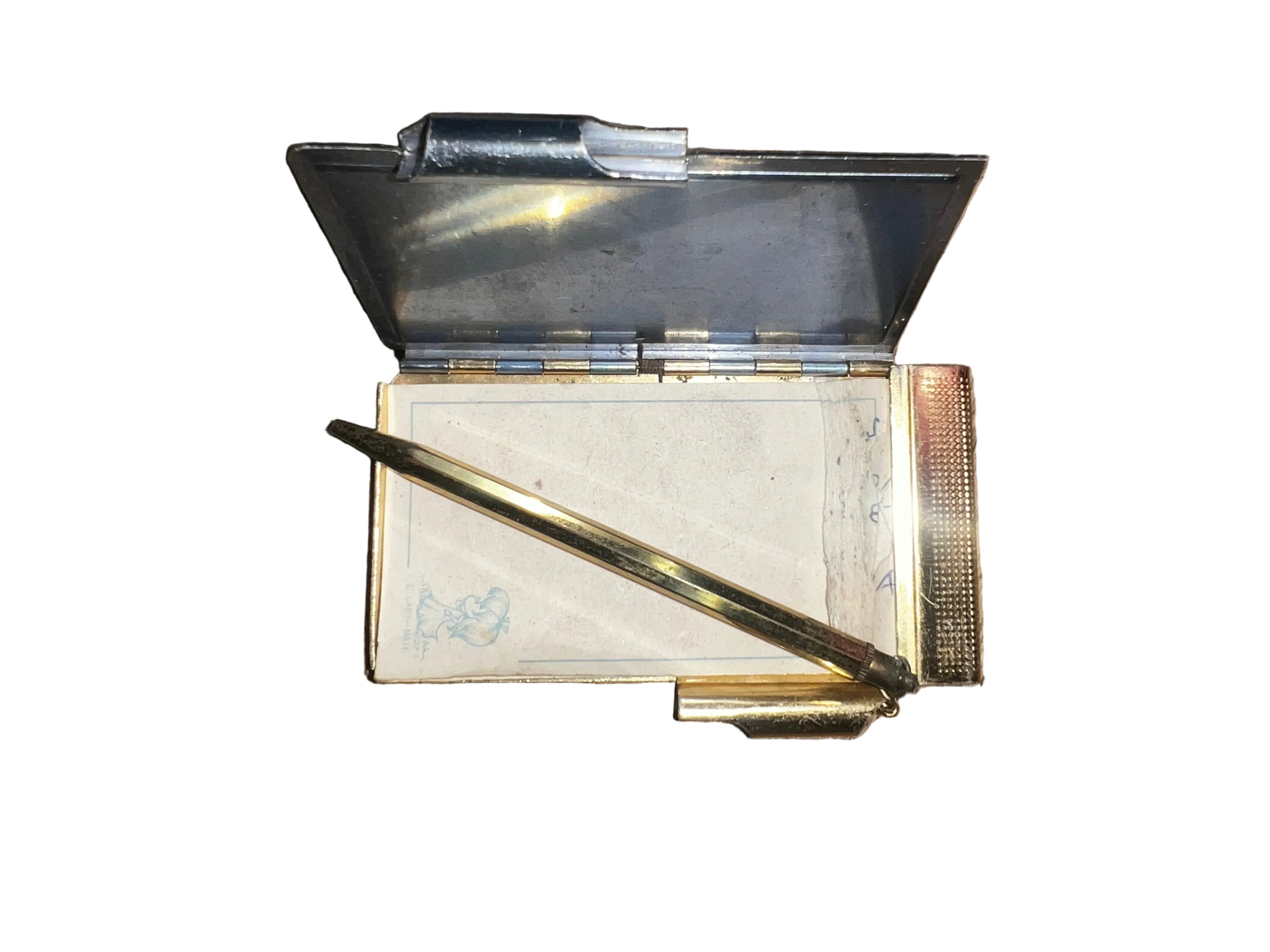 Vintage Lady-Mate Co. Memo Pad Case & Pencil Set | 1960s–70s Kawaii Big-Eye Girl | Gold Metal | Japan