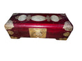 Vintage Chinese Red Lacquer Jewellery Box | Carved Jade Medallions | Brass Hardware | Silk Interior