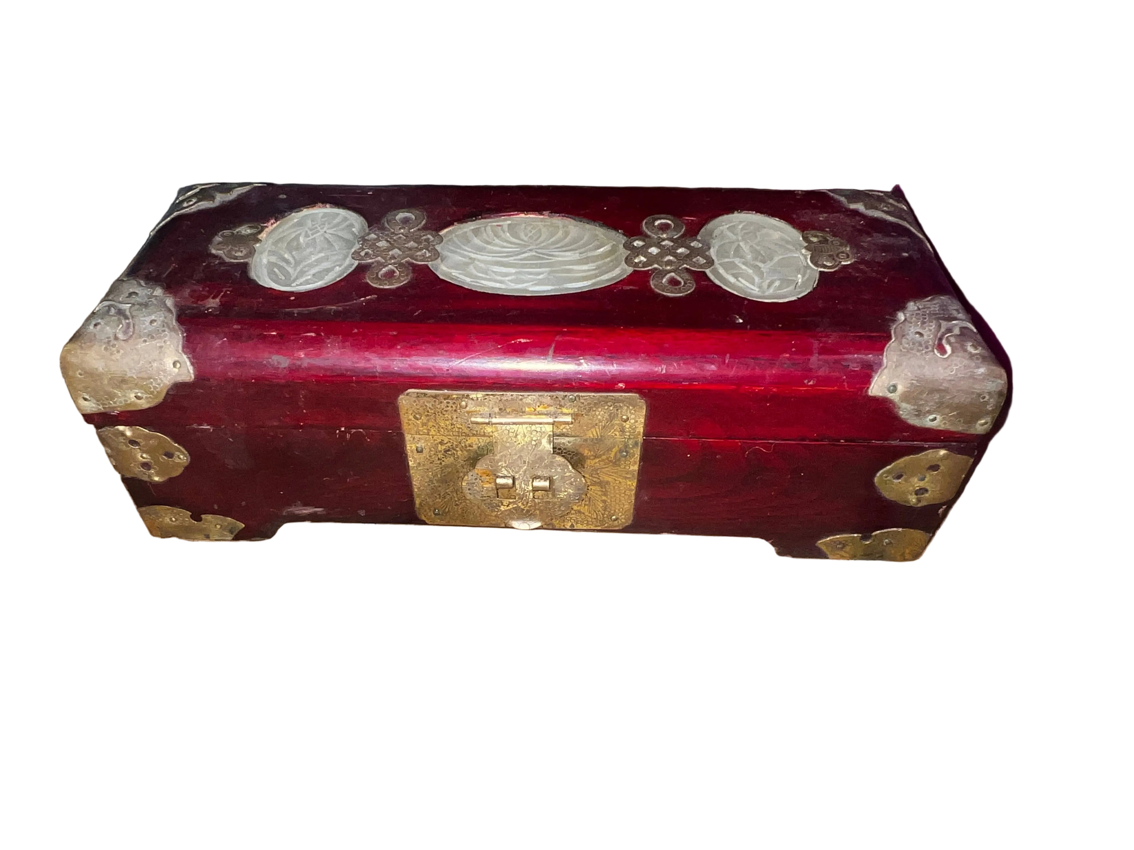 Vintage Chinese Red Lacquer Jewellery Box | Carved Jade Medallions | Brass Hardware | Silk Interior
