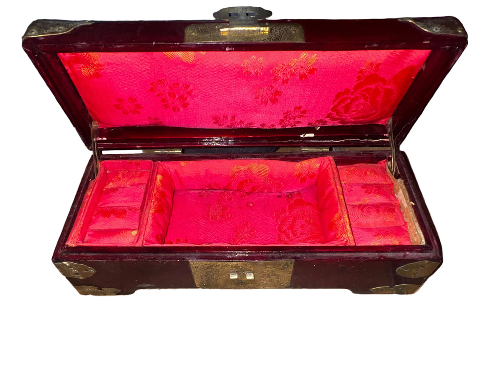 Vintage Chinese Red Lacquer Jewellery Box | Carved Jade Medallions | Brass Hardware | Silk Interior