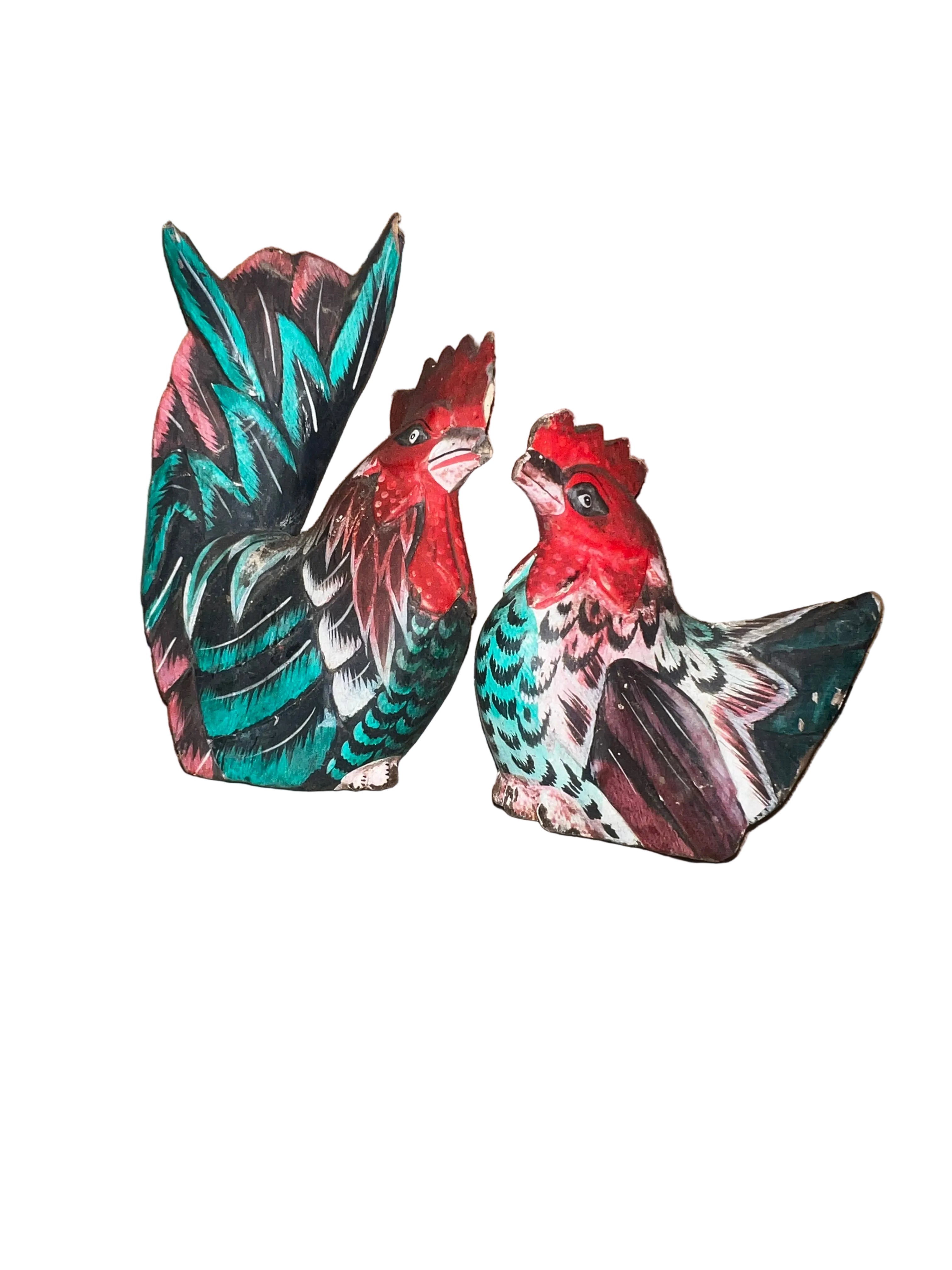Pair of Vintage Hand-Painted Wooden Roosters | Folk Art Rooster & Hen | Wall Decor