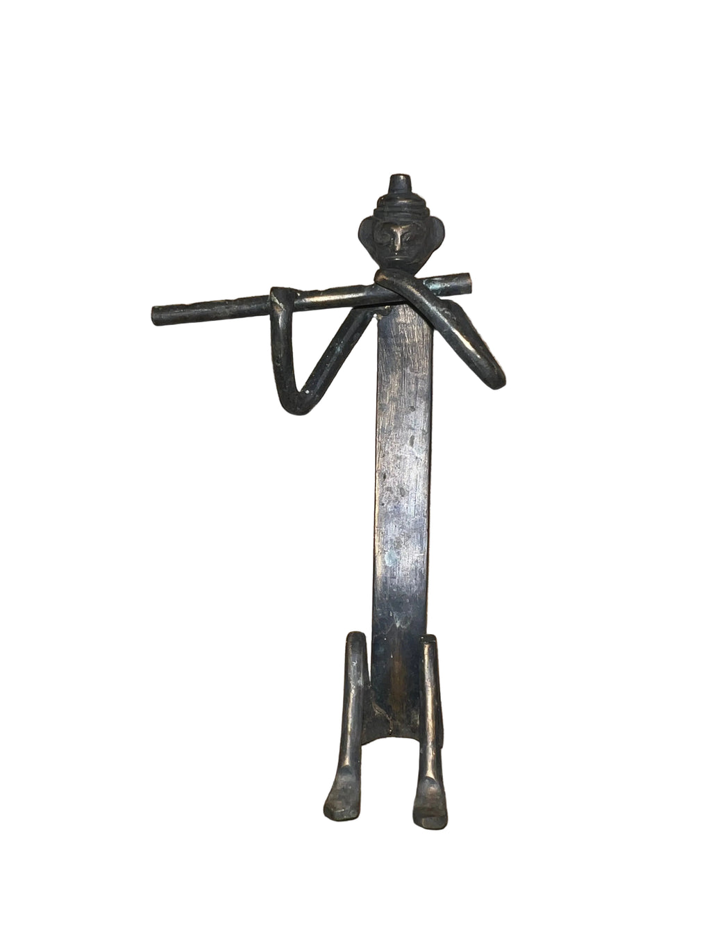 Vintage Brass Figural Musician Sculpture | Folk Art Flute Player | African / Indian Metal Art