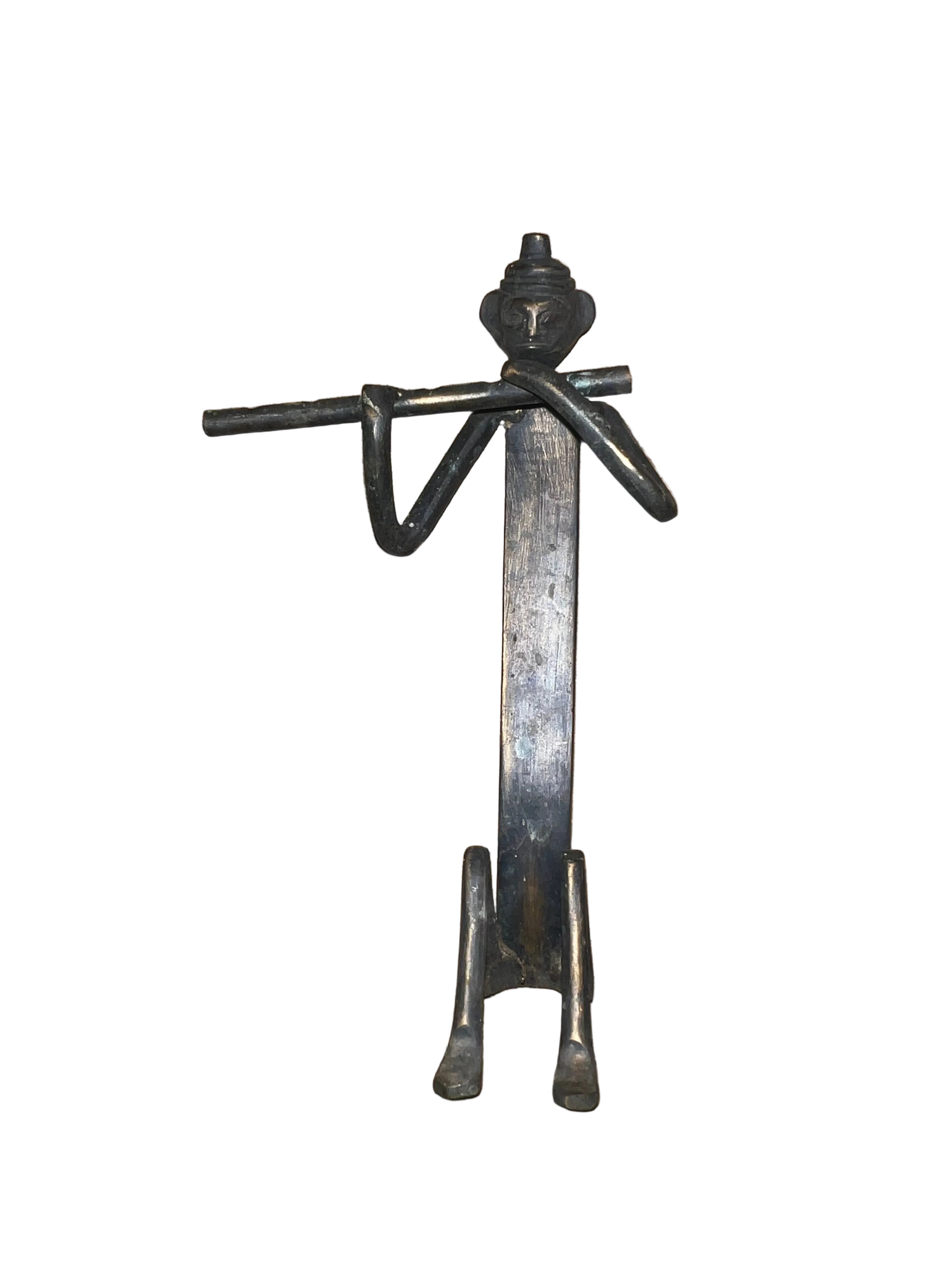 Vintage Brass Figural Musician Sculpture | Folk Art Flute Player | African / Indian Metal Art