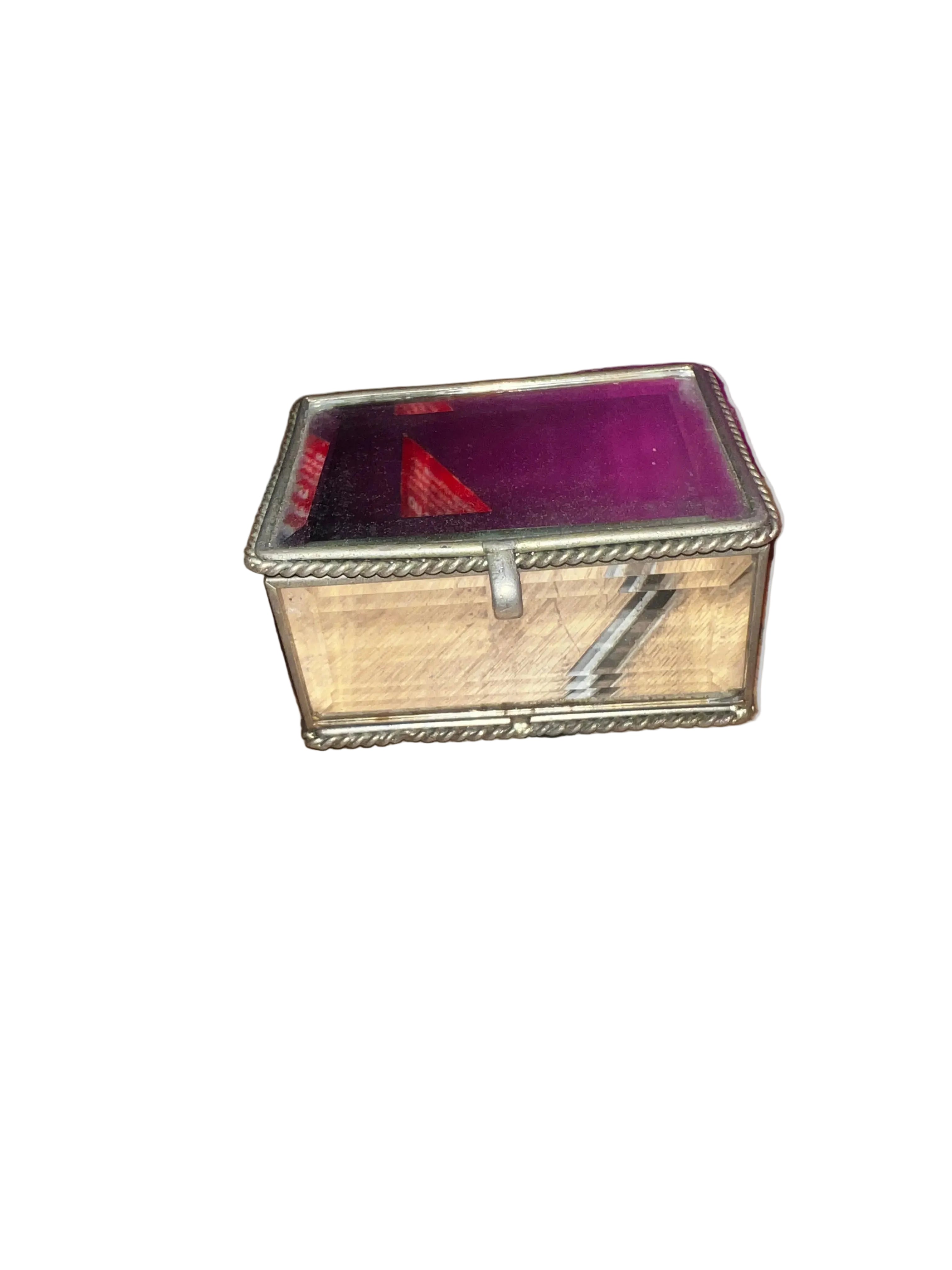 Vintage Brass & Bevelled Glass Trinket Box | Purple Lid | Rope Twist Frame | Jewellery Box