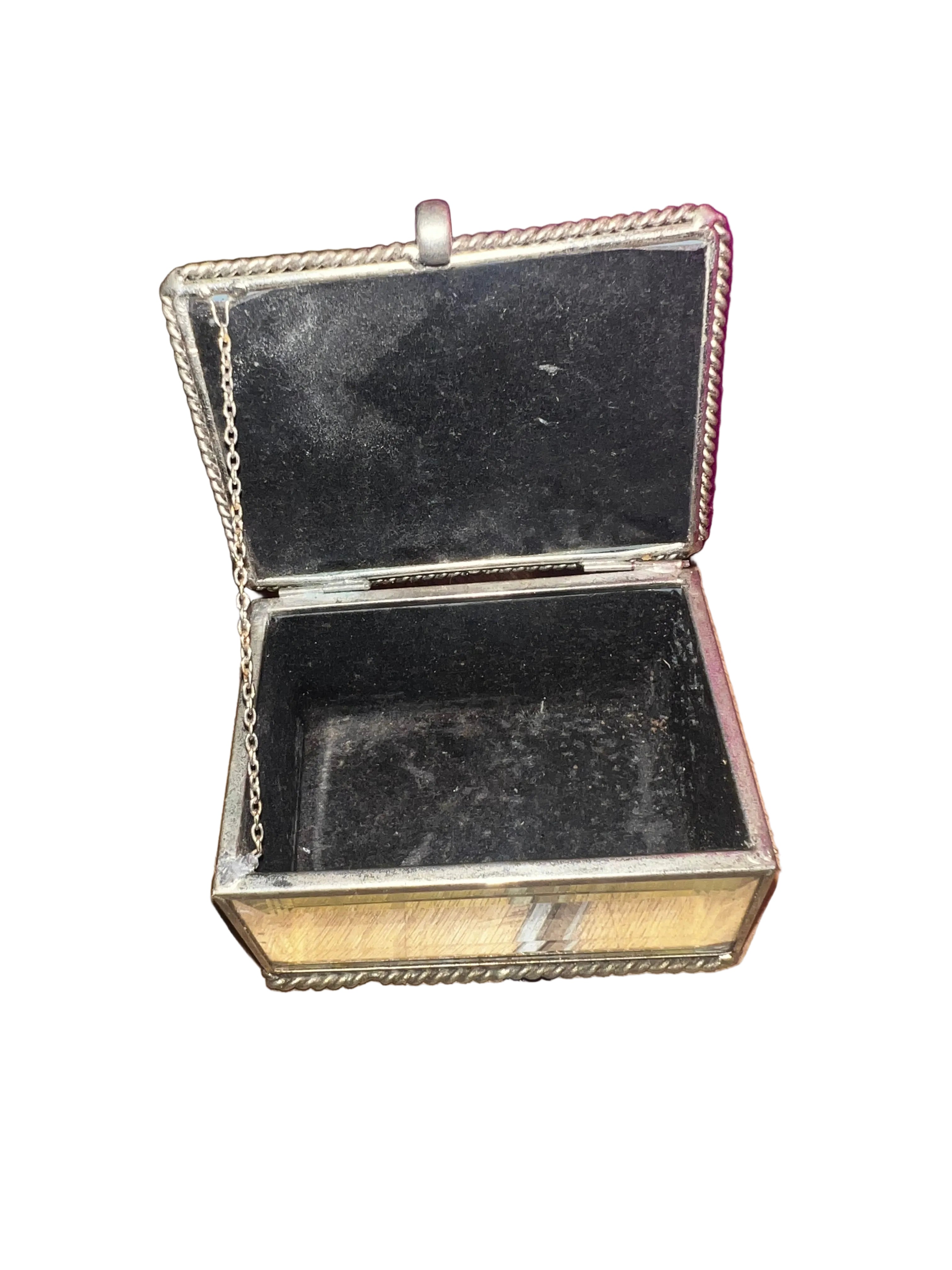 Vintage Brass & Bevelled Glass Trinket Box | Purple Lid | Rope Twist Frame | Jewellery Box