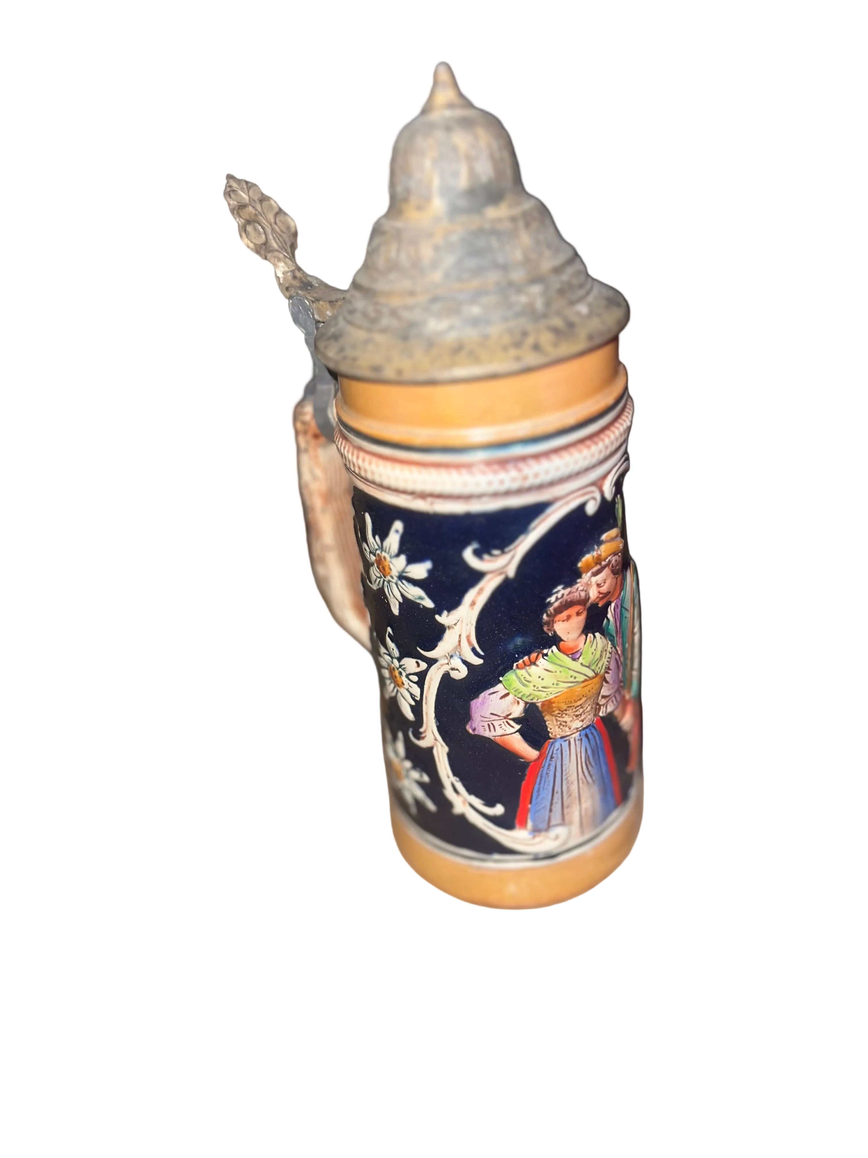 Pair of Vintage German Beer Steins with Pewter Lids | Hand-Painted & Relief Stoneware | Made in Germany