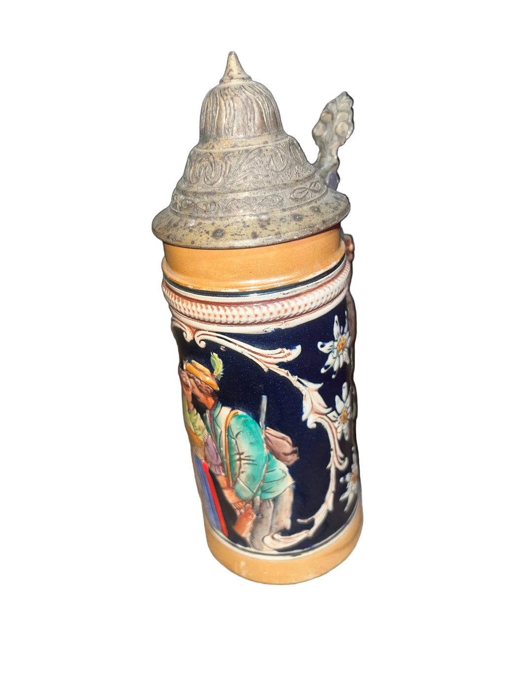 Pair of Vintage German Beer Steins with Pewter Lids | Hand-Painted & Relief Stoneware | Made in Germany